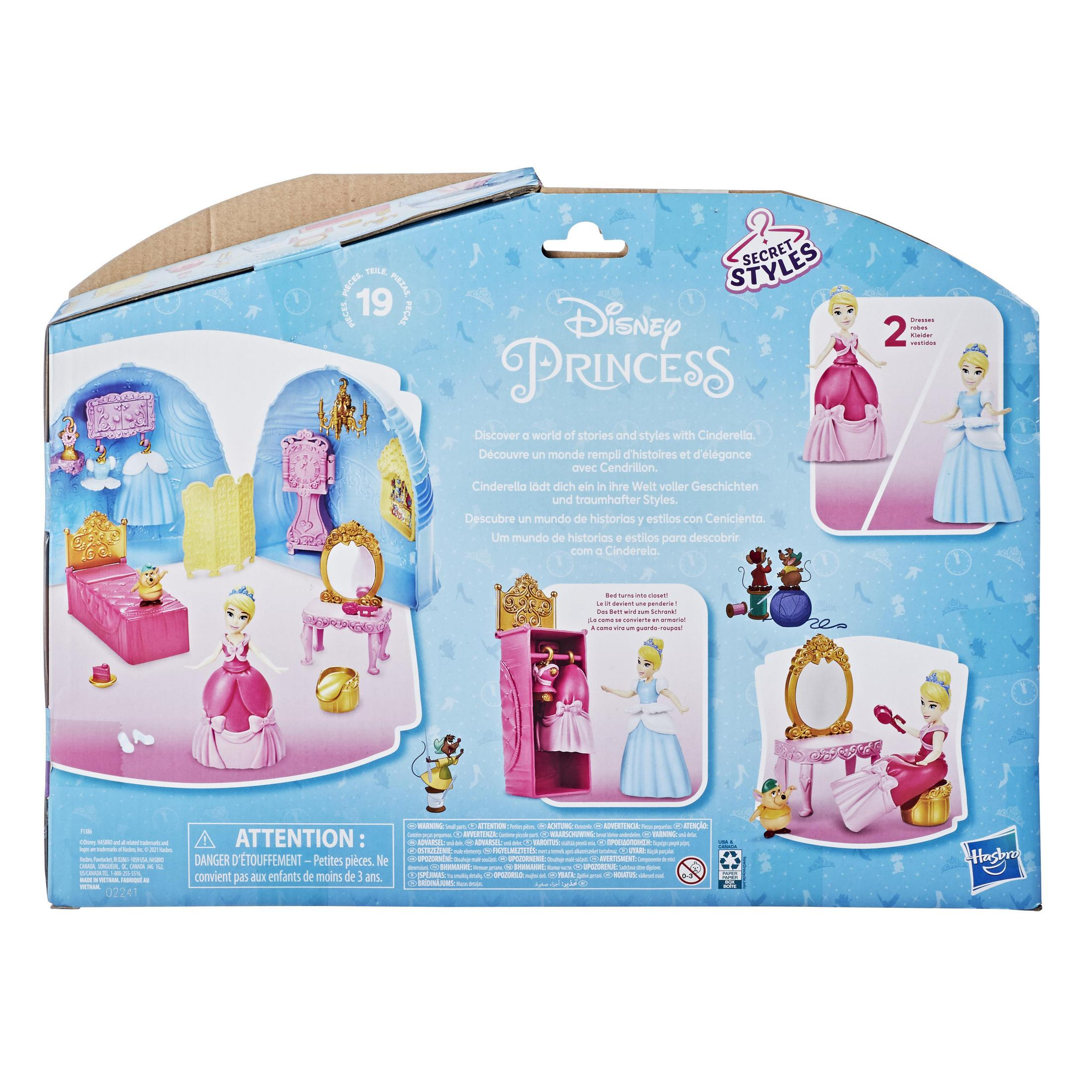 Parte trasera del juego de juguetes Disney Princess. Figuras y escenas en la caja.