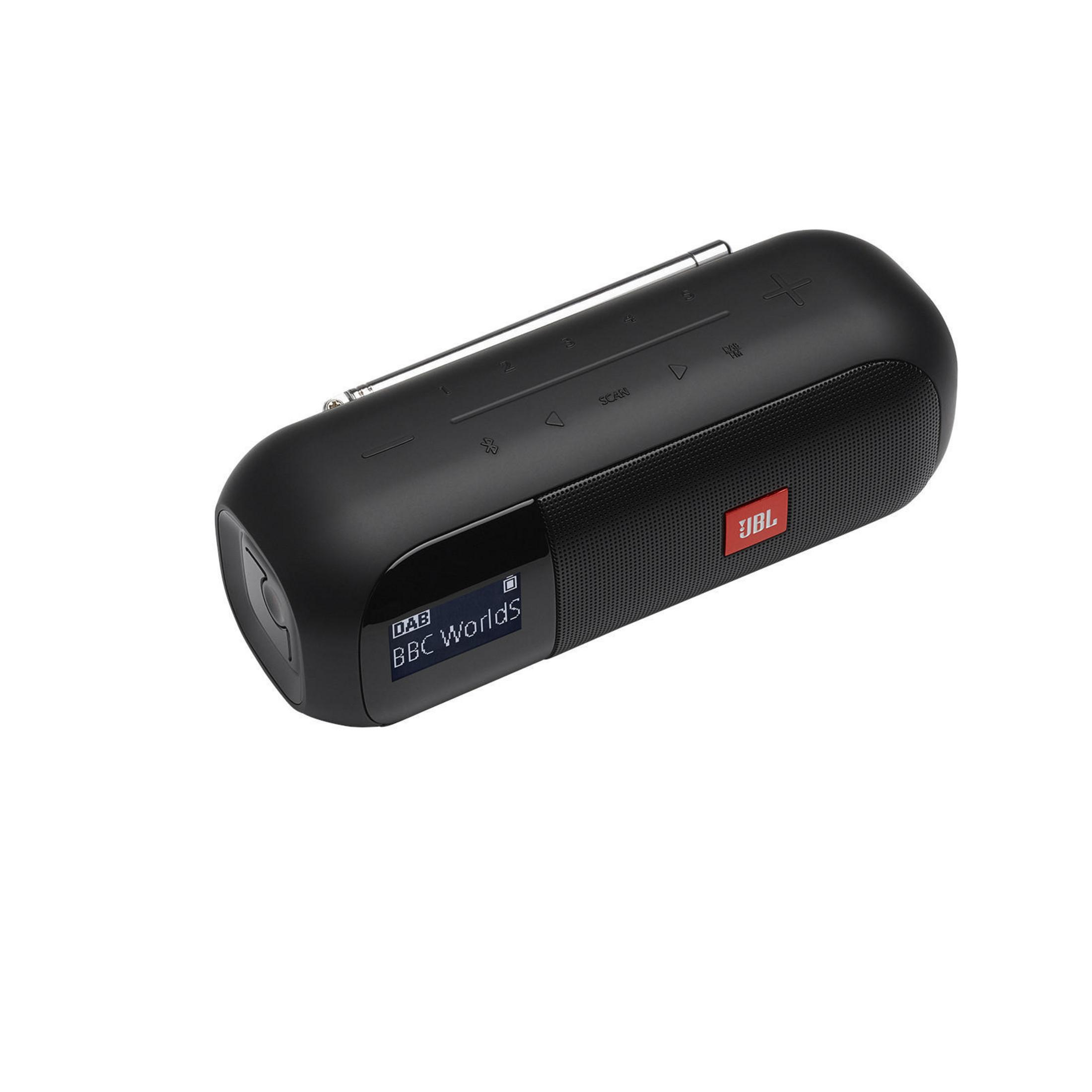 Radio JBL nera con schermo, antenna e pulsanti.