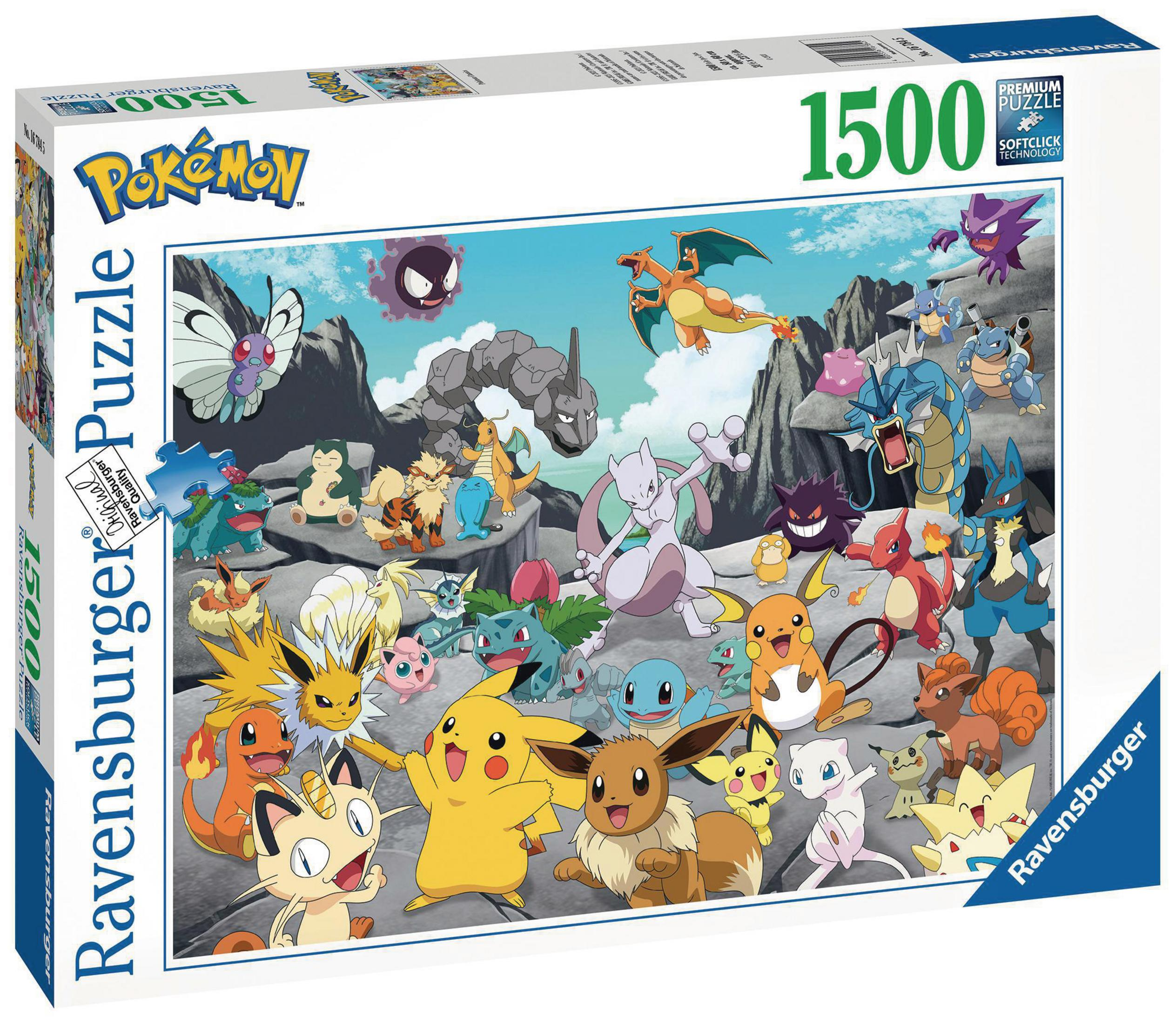 Pokémon-Puzzlebox, mit vielen Charakteren und einem weißen, blauen und grünen Hintergrund.