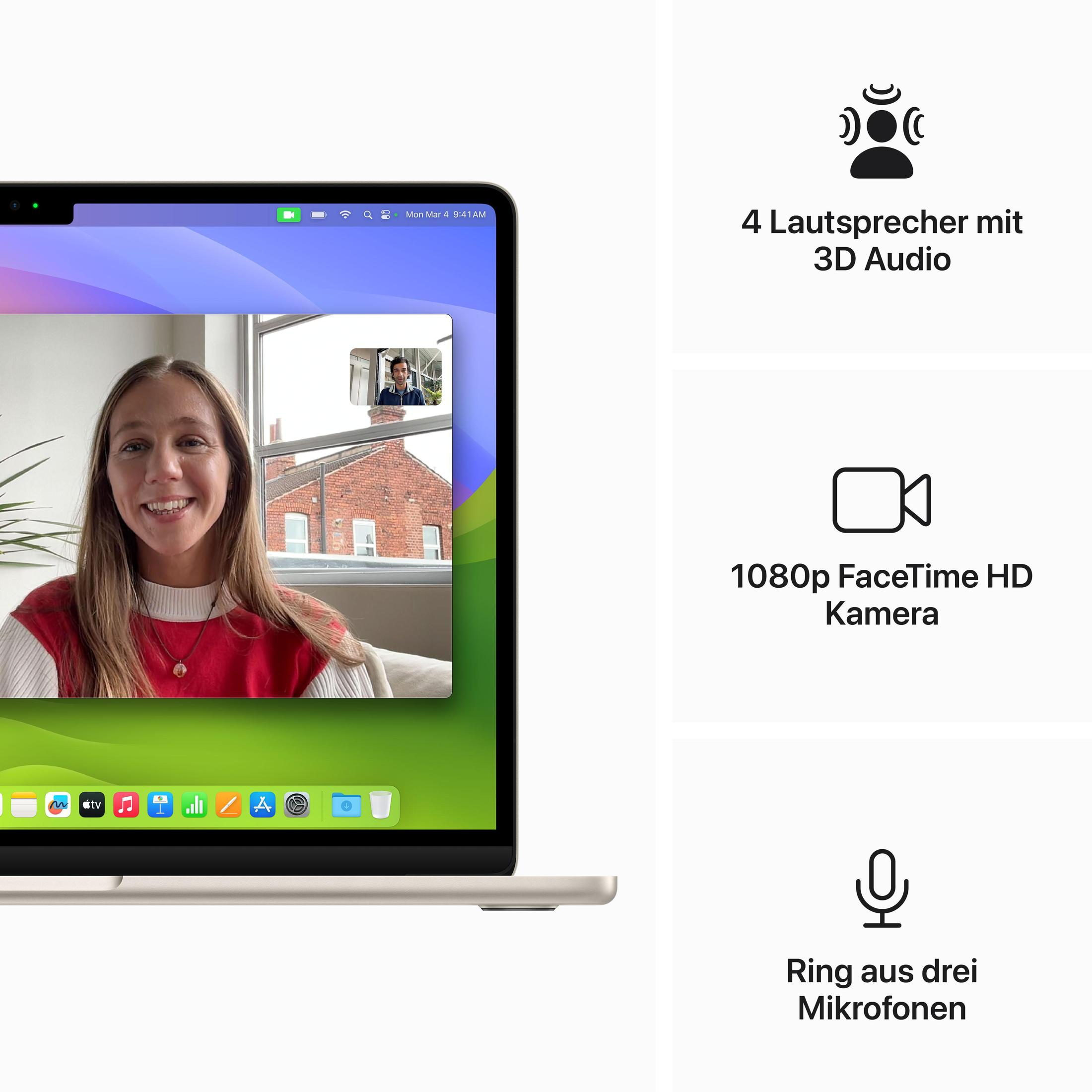 Laptop, der einen Videoanruf zeigt. Text auf der rechten Seite: 4 Lautsprecher, 1080p Kamera, 3 Mikrofone.