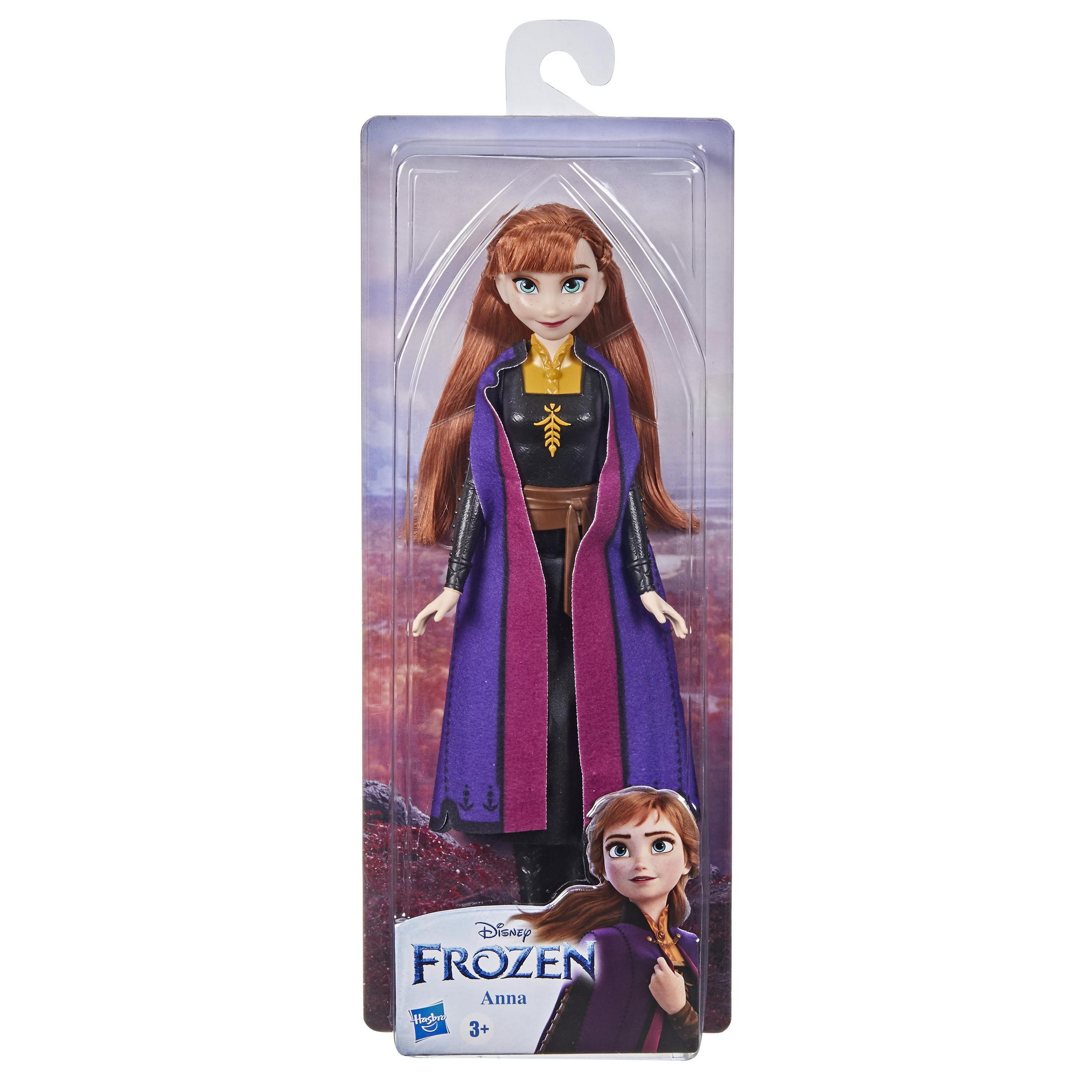Una bambola Anna di Frozen in una confezione di plastica, in posa.