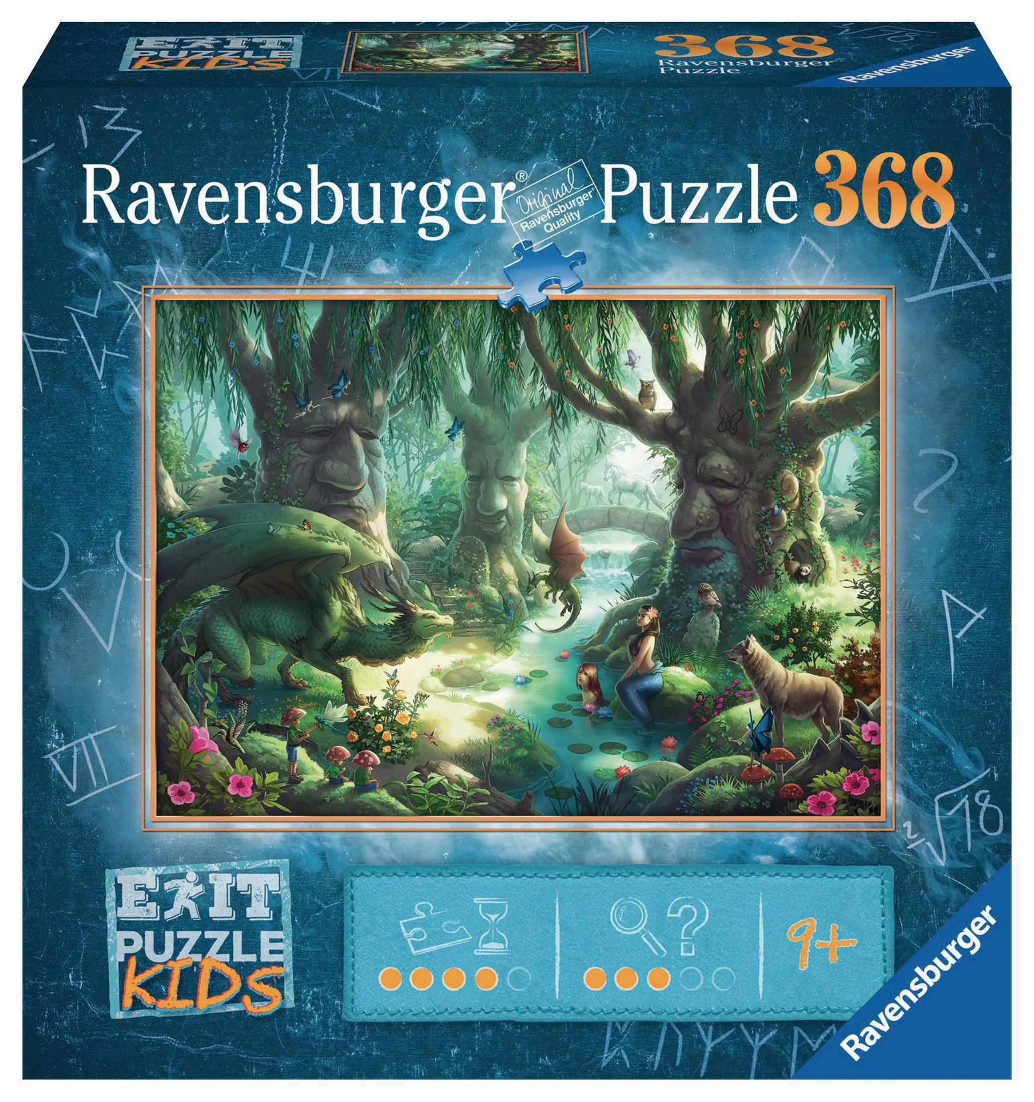 Una scatola di puzzle con un'immagine di una scena della foresta, il testo include 'Ravensburger Puzzle 368' e 'Exit Puzzle Kids'.