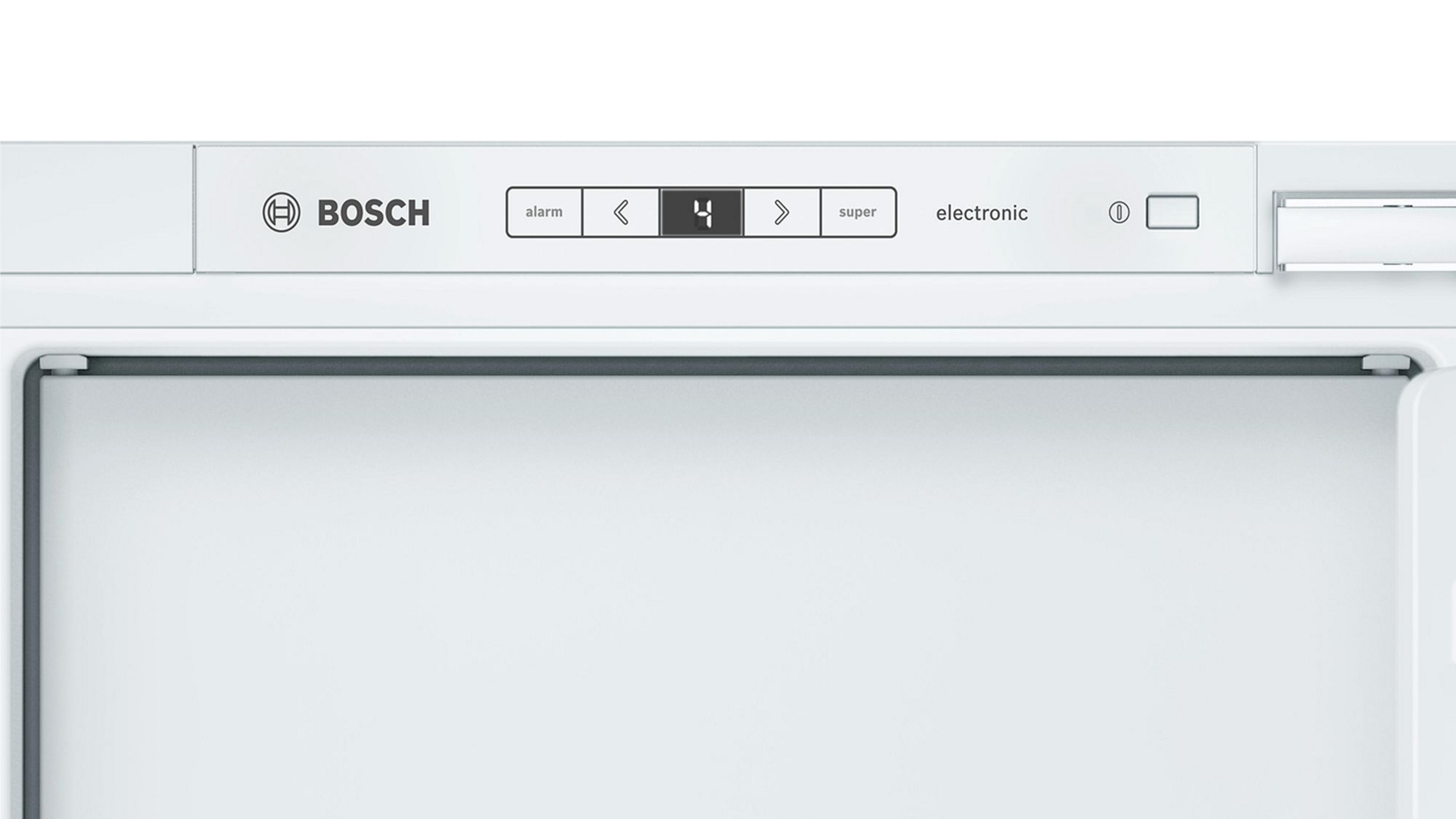 Weißes Kühlschrank-Bedienfeld mit Bosch-Logo, Digitalanzeige und Knöpfen.