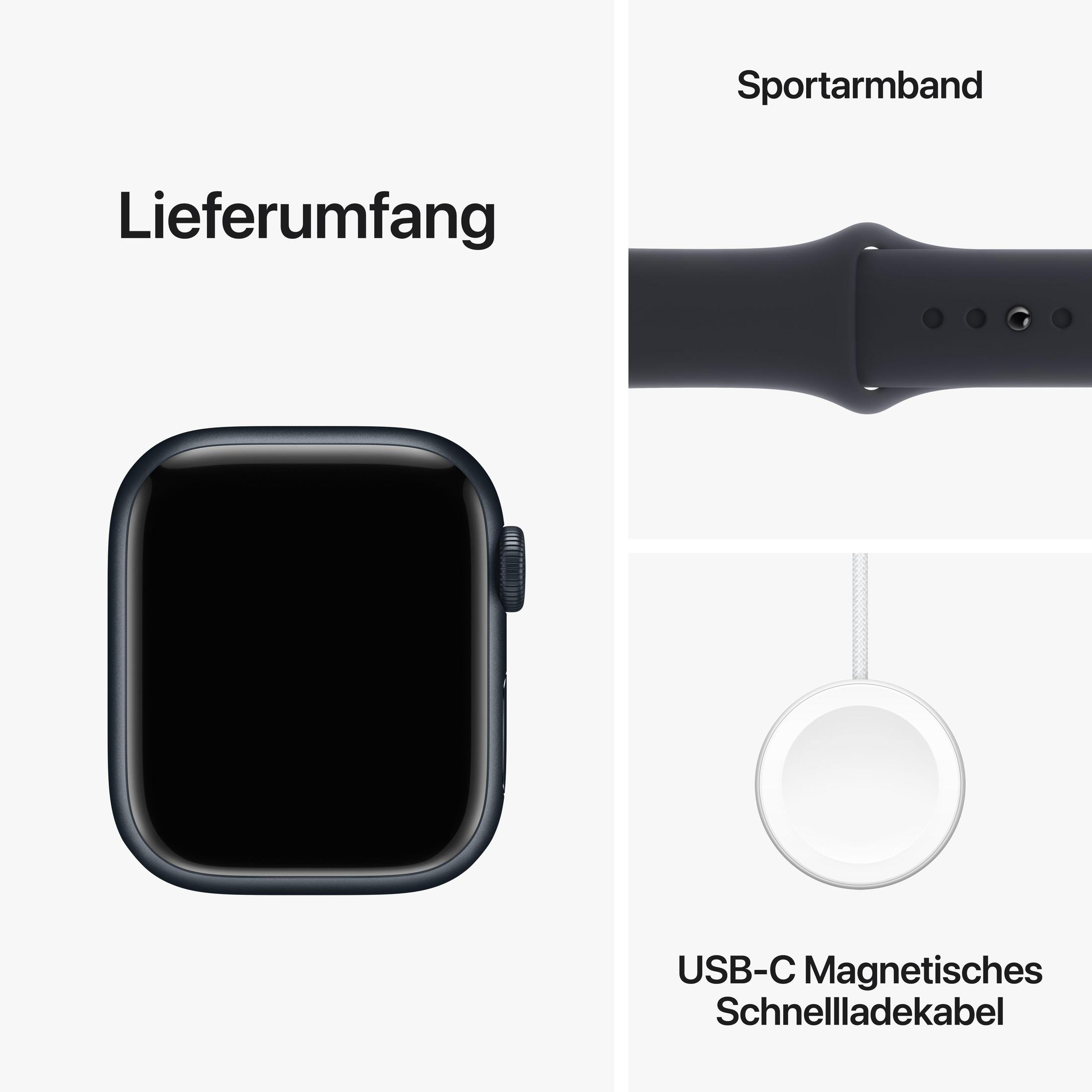 Une montre connectée noire, un bracelet sport et un câble de chargement sur fond blanc.