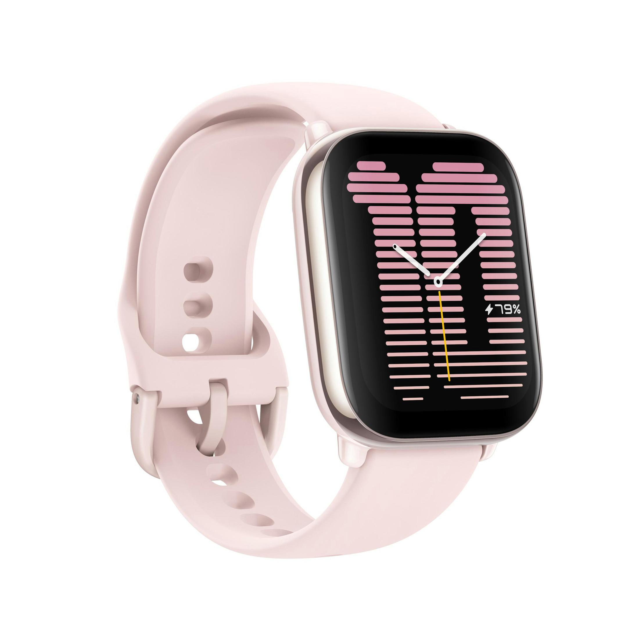 Smartwatch rosa con pantalla digital, mostrando la hora y el porcentaje. Fondo blanco.