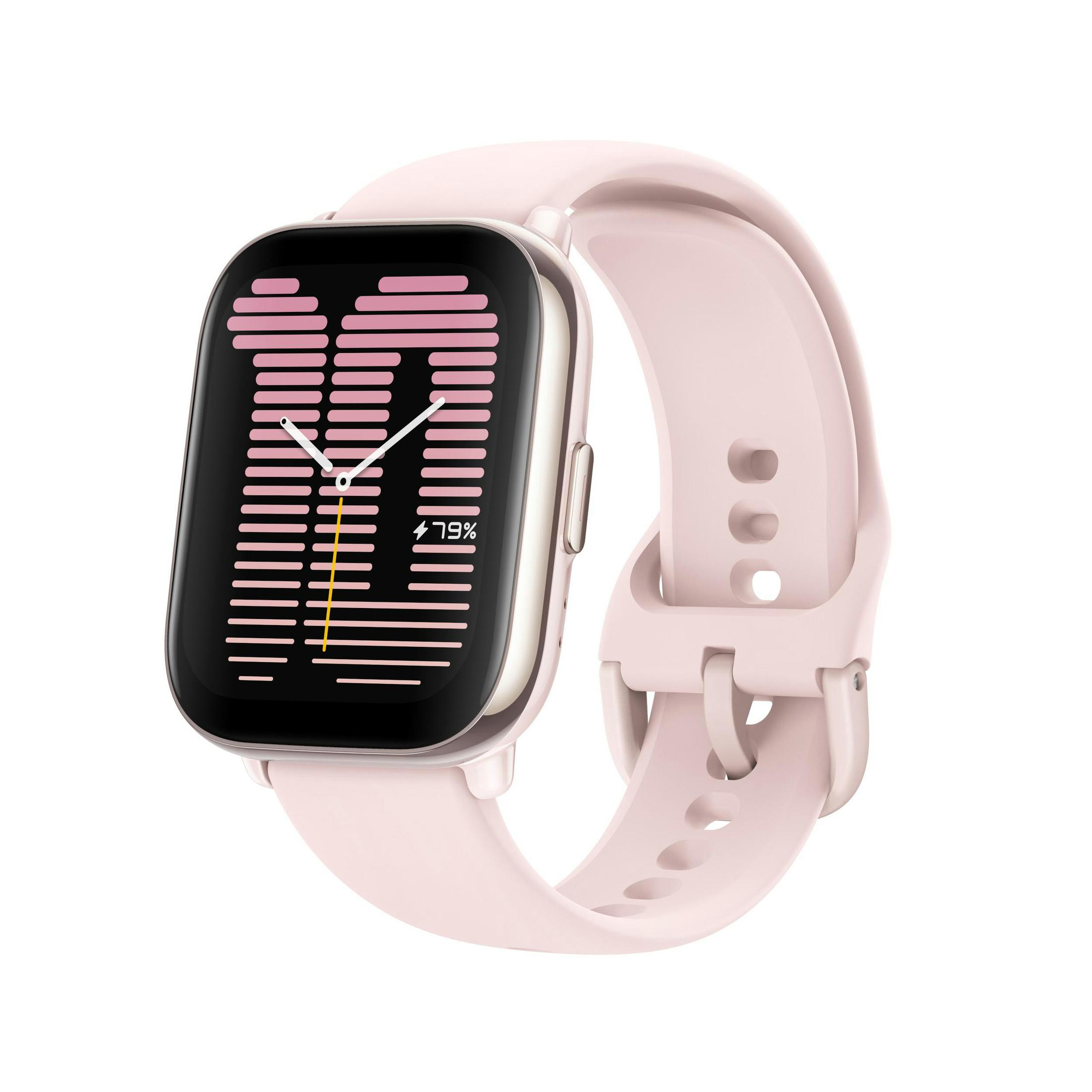 Smartwatch rosa con pantalla rectangular y correa rosa sobre fondo blanco.