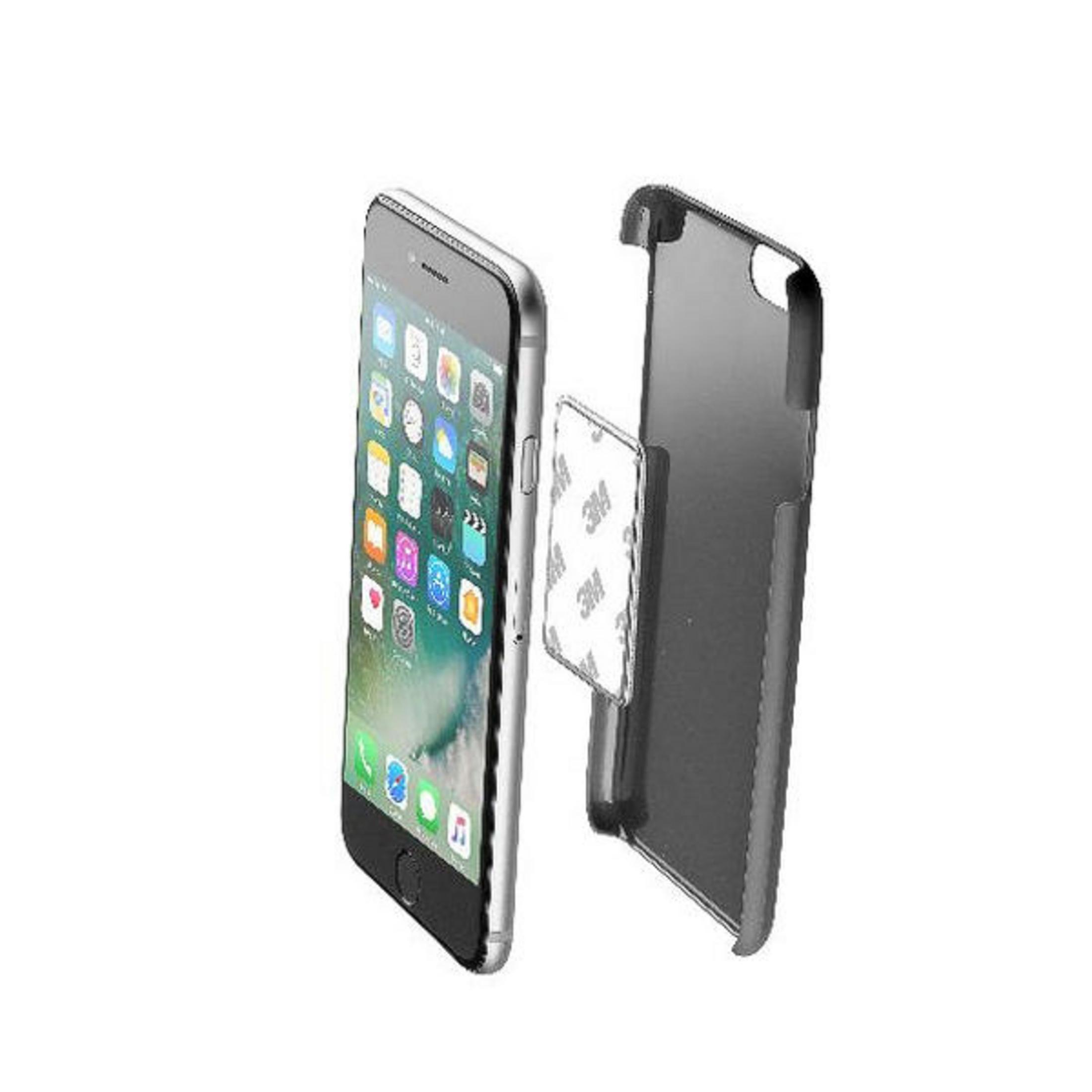 Silbernes iPhone mit Hülle daneben. Die Hülle ist schwarz.