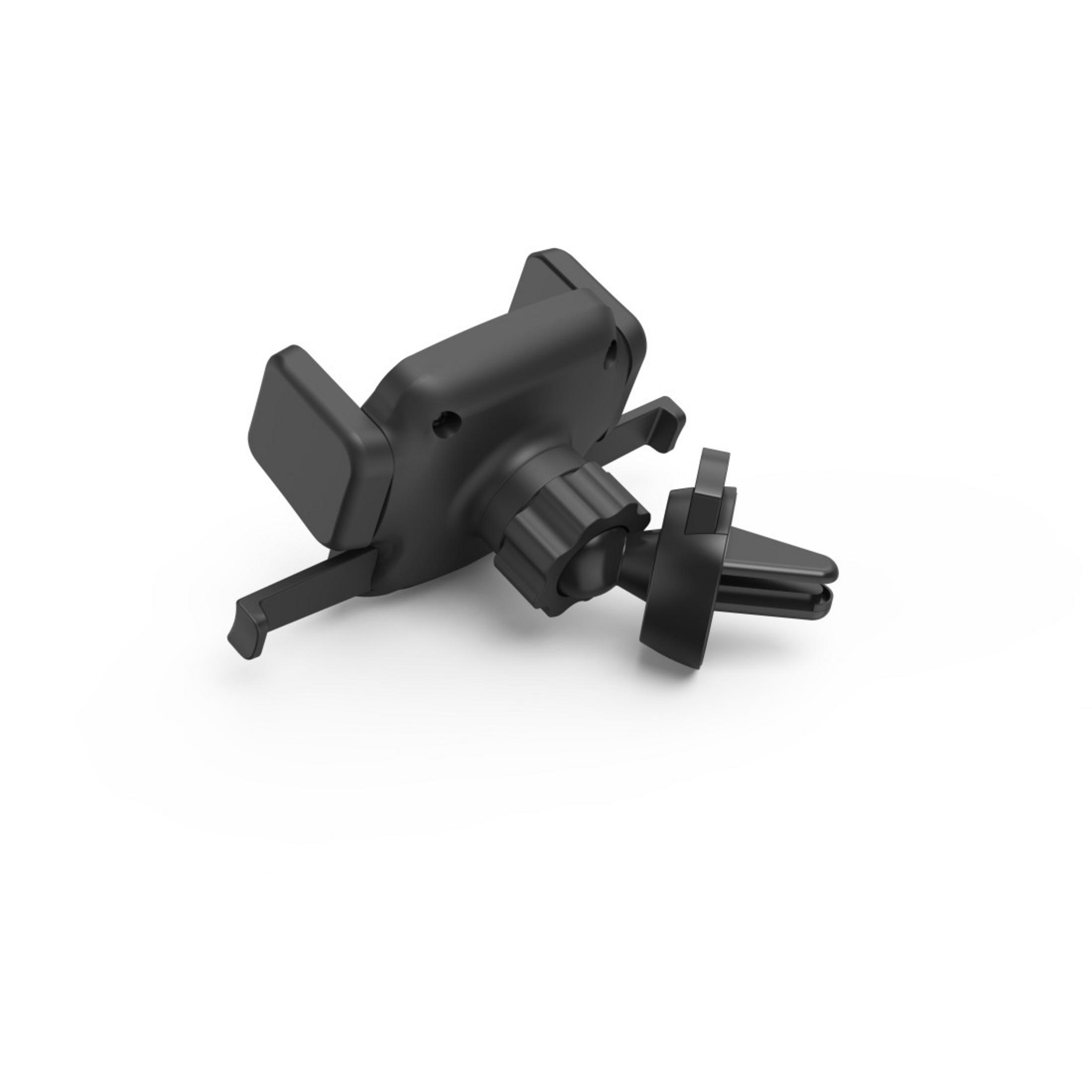 Czarny uchwyt samochodowy na telefon. Ma regulowane ramiona i klips do wentylacji.