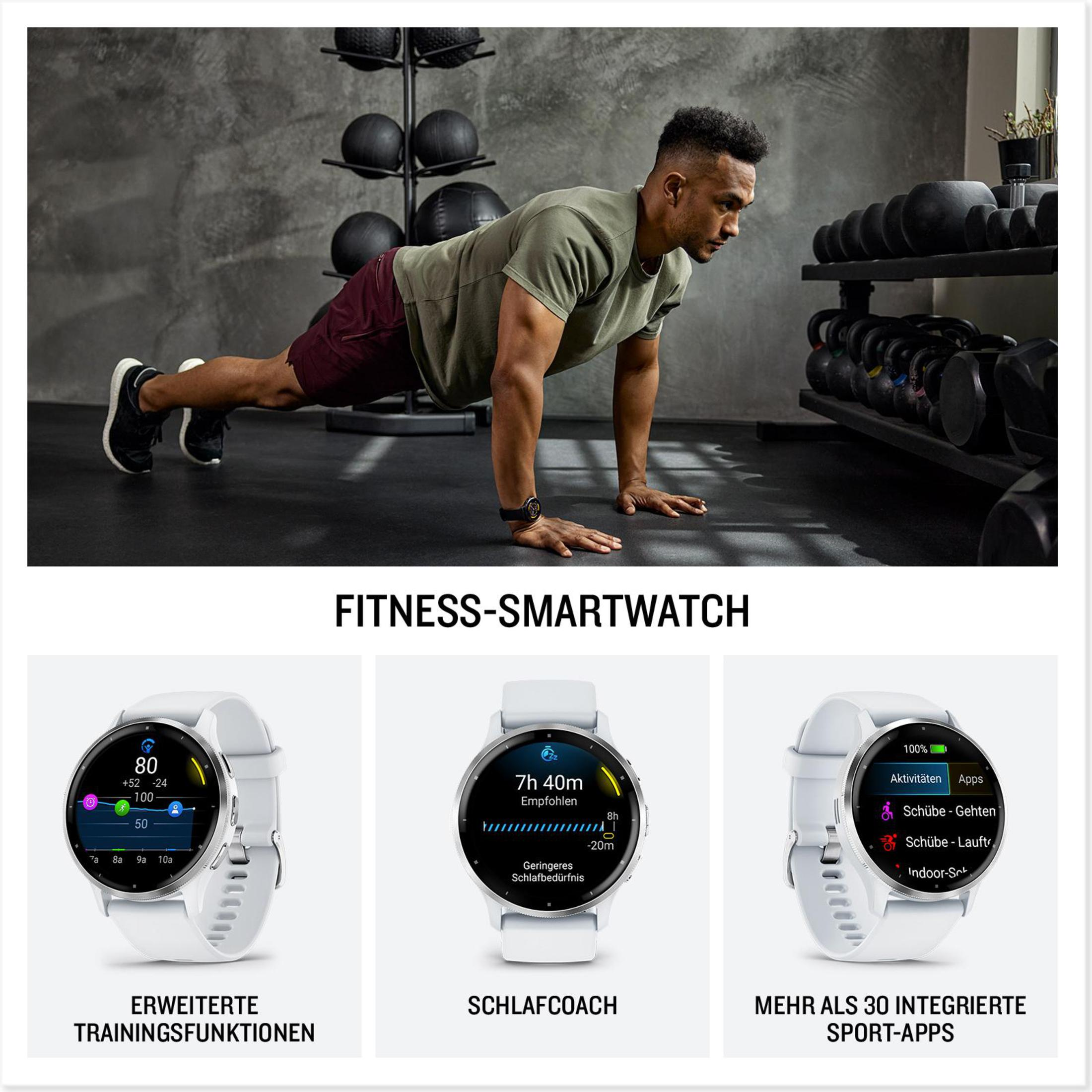 Mężczyzna na siłowni robi pompki. Poniżej wyświetlane są ekrany smartwatcha fitness.
