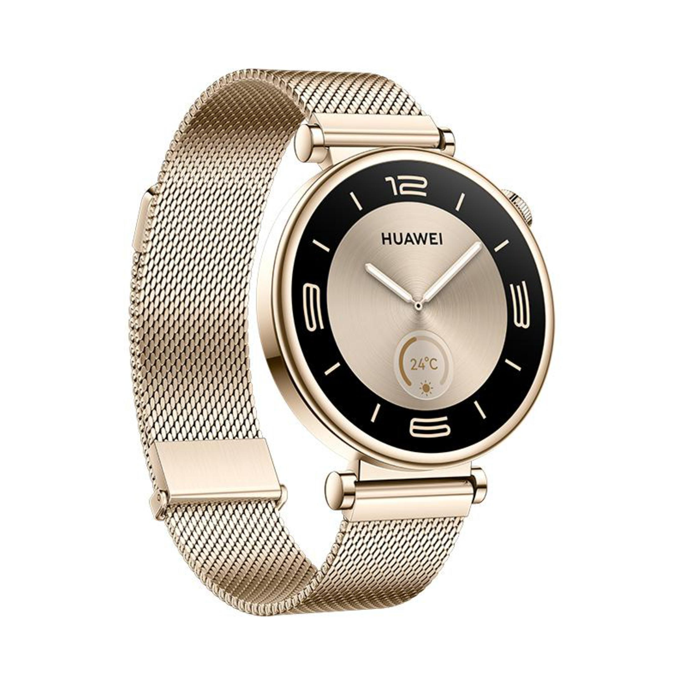 Goldene Smartwatch mit schwarzem Zifferblatt und goldenem Armband. Zeigt Uhrzeit und Temperatur. Huawei.
