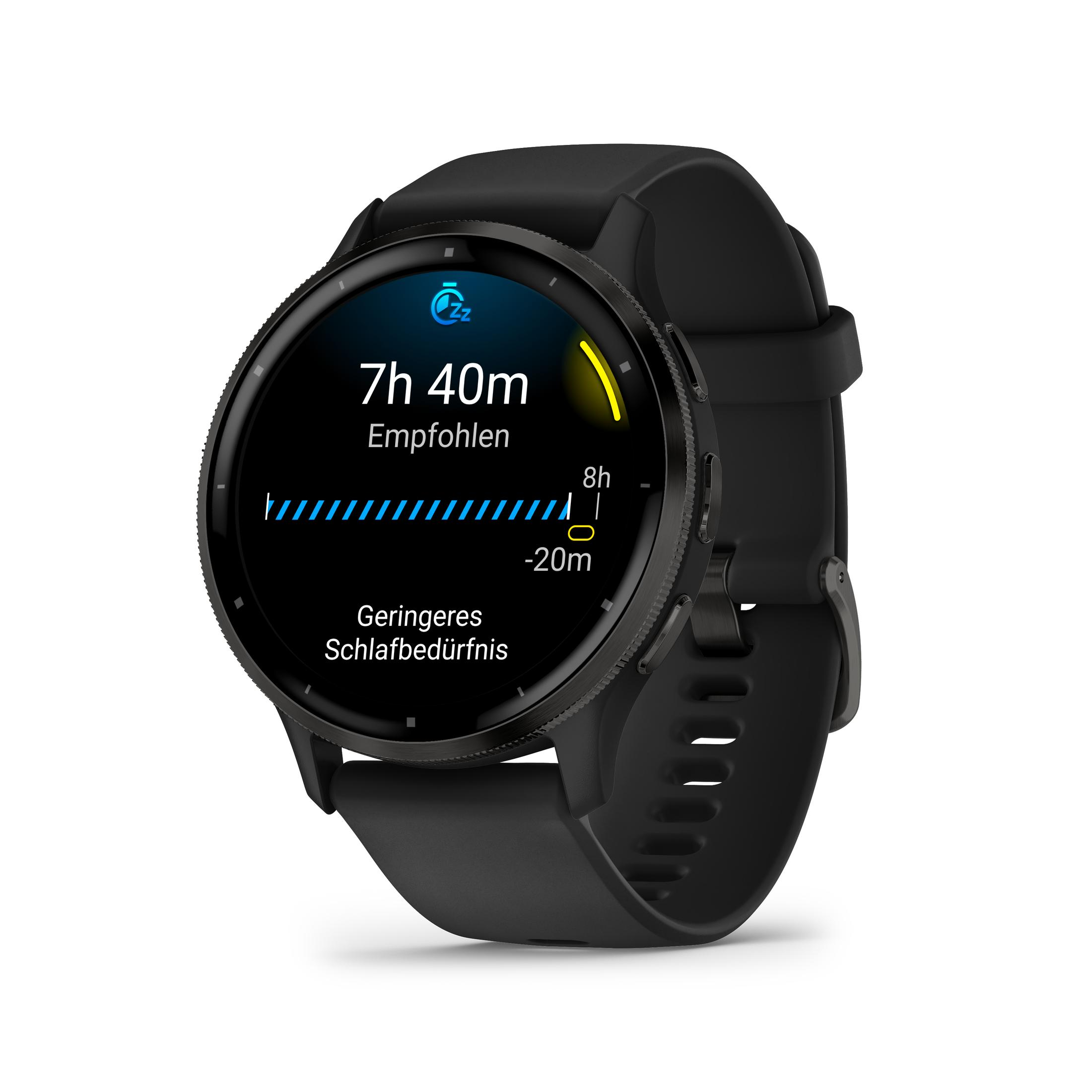 Un reloj inteligente negro con pantalla redonda, que muestra datos de sueño y hora.