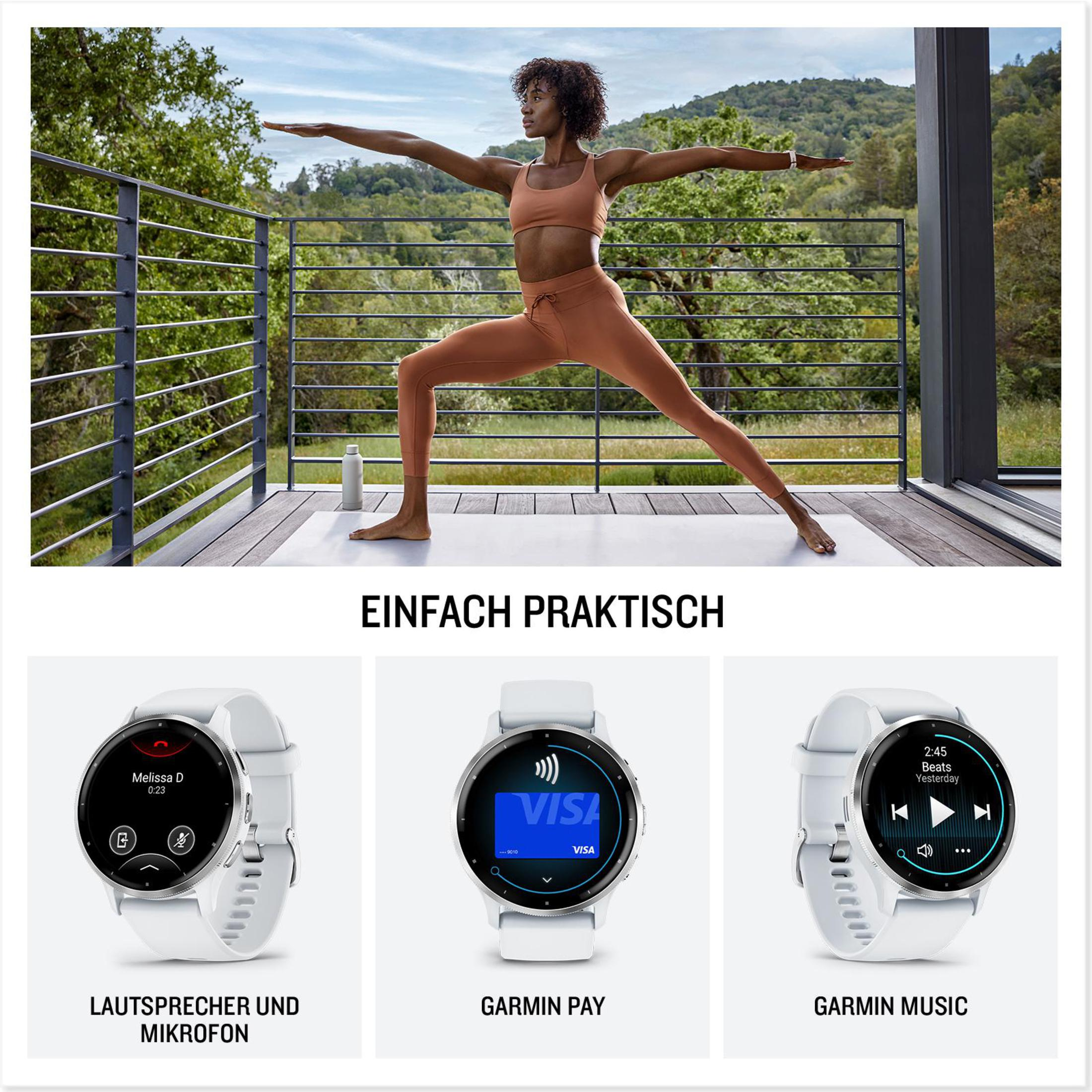 Mujer haciendo yoga en balcón. Relojes inteligentes con diferentes interfaces. Texto: Einfach Praktisch.