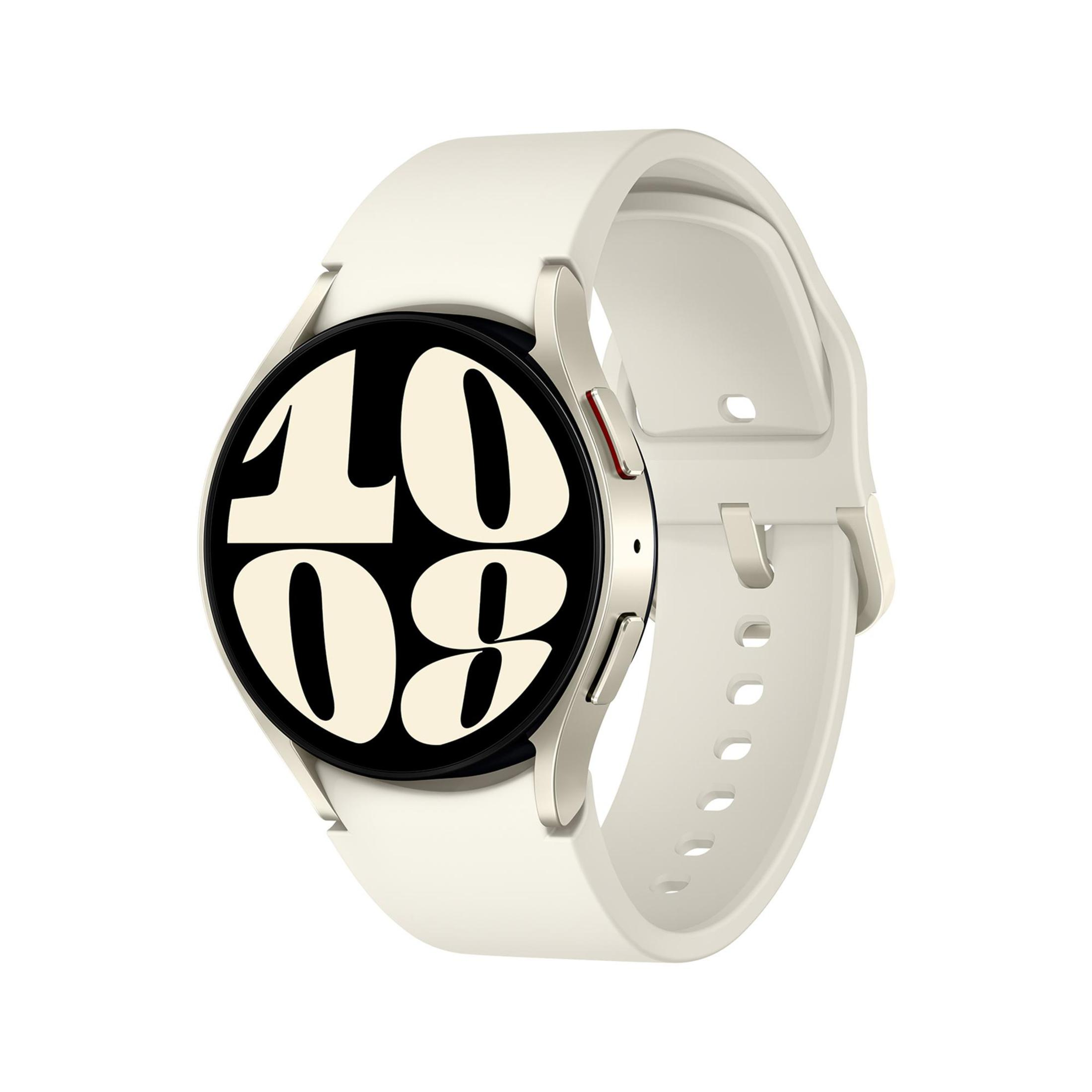 Eine weiße Samsung Galaxy Smartwatch mit einer Digitaluhr, die '10:09' anzeigt.