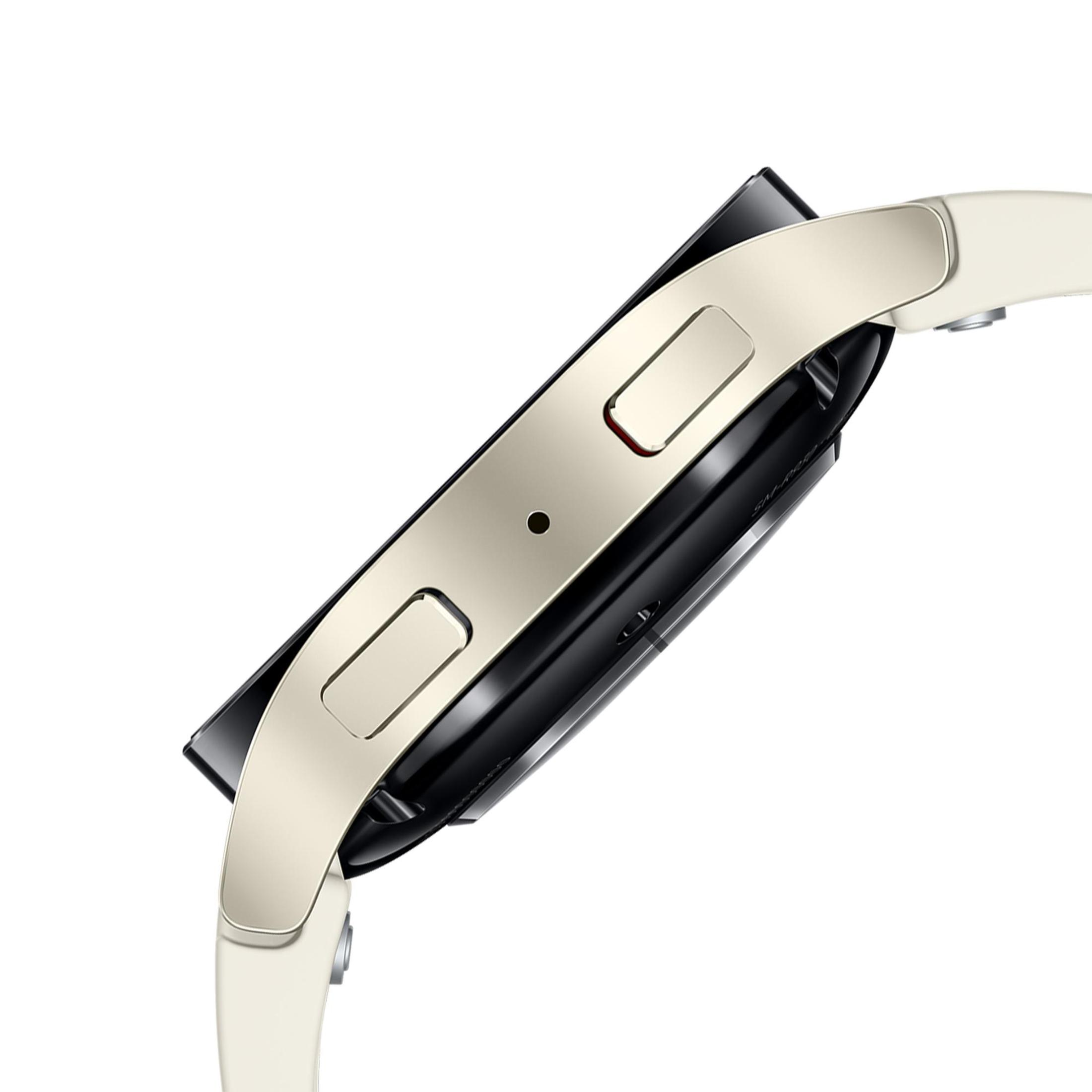 Nahaufnahme der Seite einer cremefarbenen Smartwatch mit schwarzem Bildschirm und weißem Armband.
