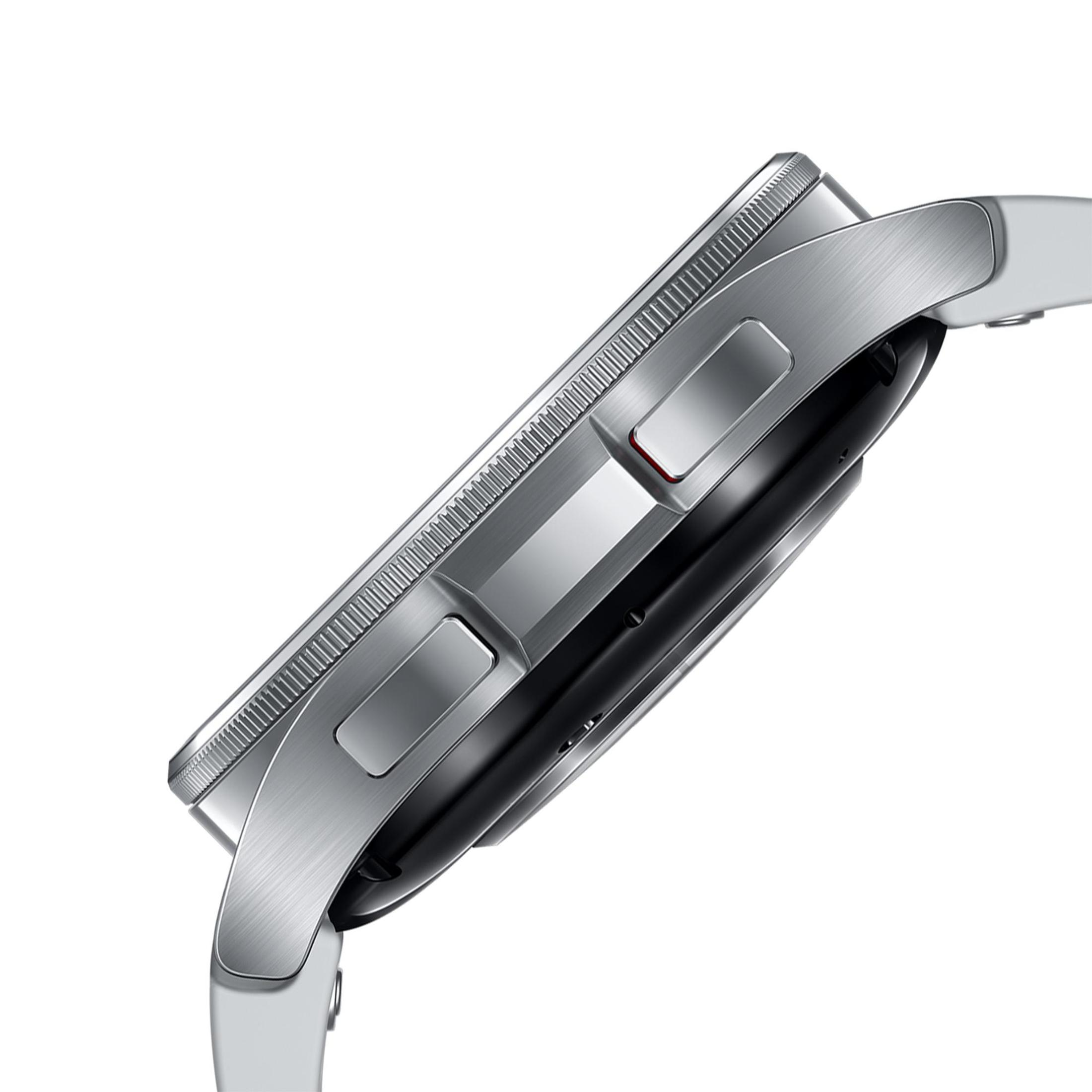 Zijaanzicht van zilveren smartwatch. Twee knoppen aan de zijkant, witte band. Glanzend metaal.