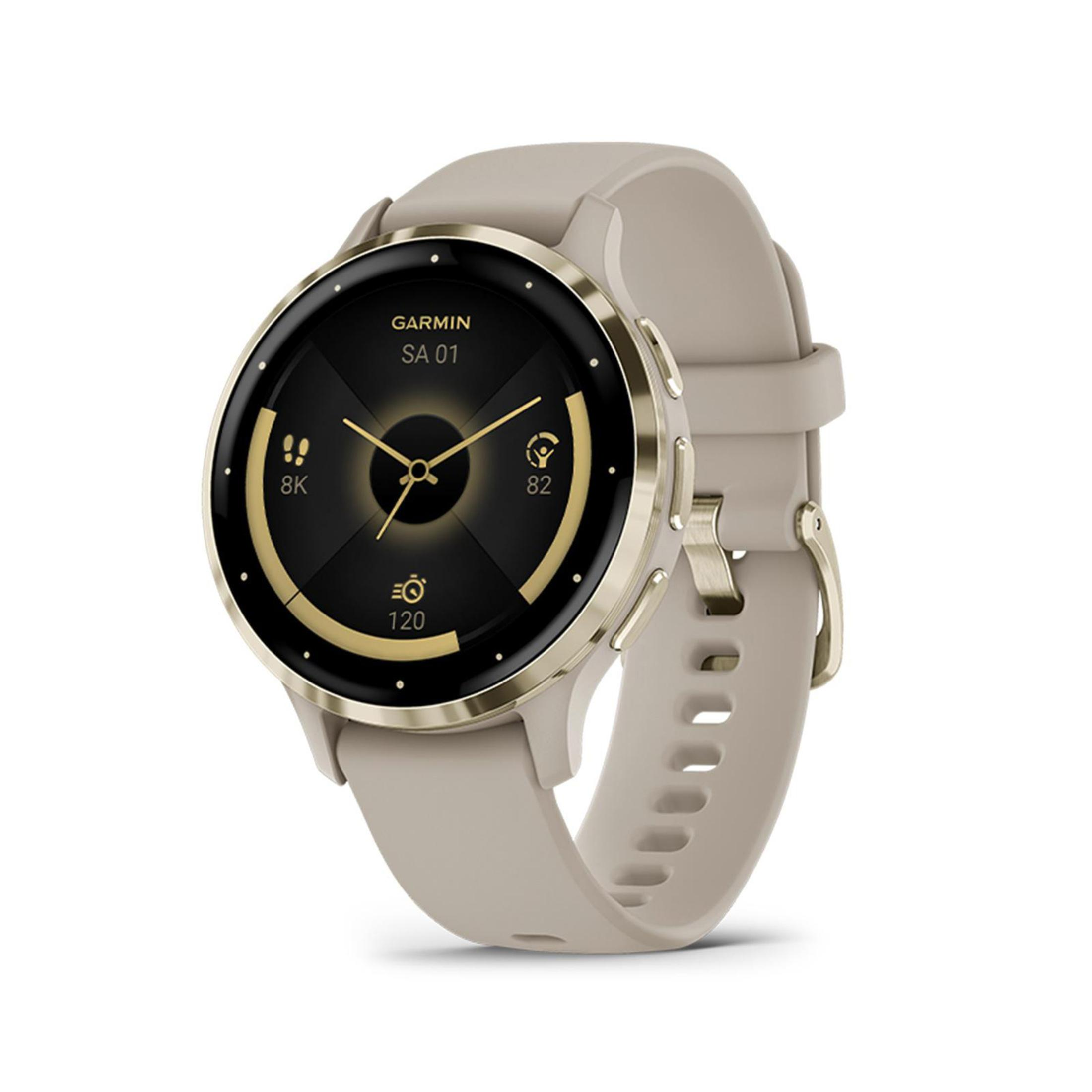 Uno smartwatch beige con anello dorato, schermo nero che mostra dati. Sfondo bianco.