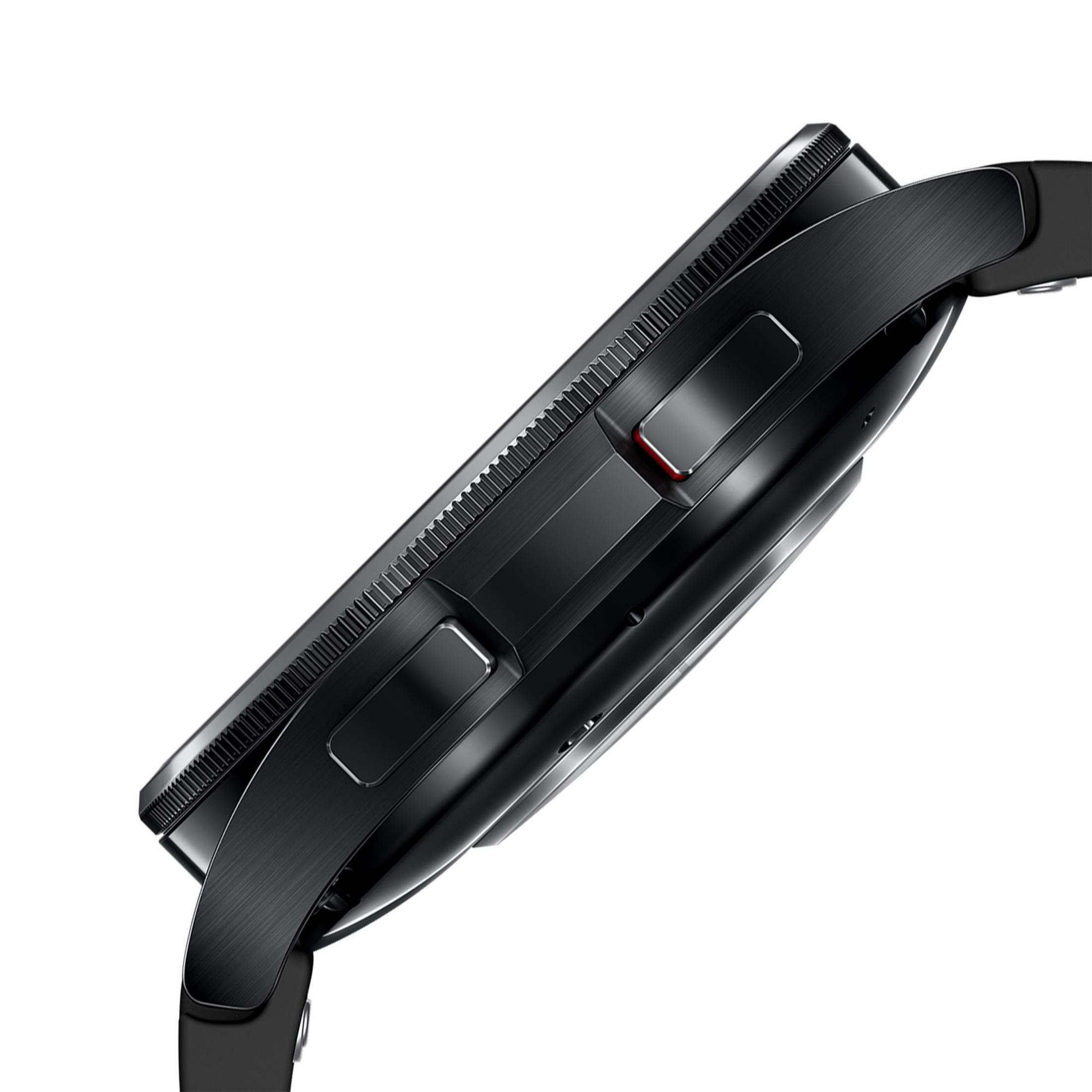 Zwarte smartwatch, zijaanzicht, met knoppen en getextureerde bezel. Zwarte band.