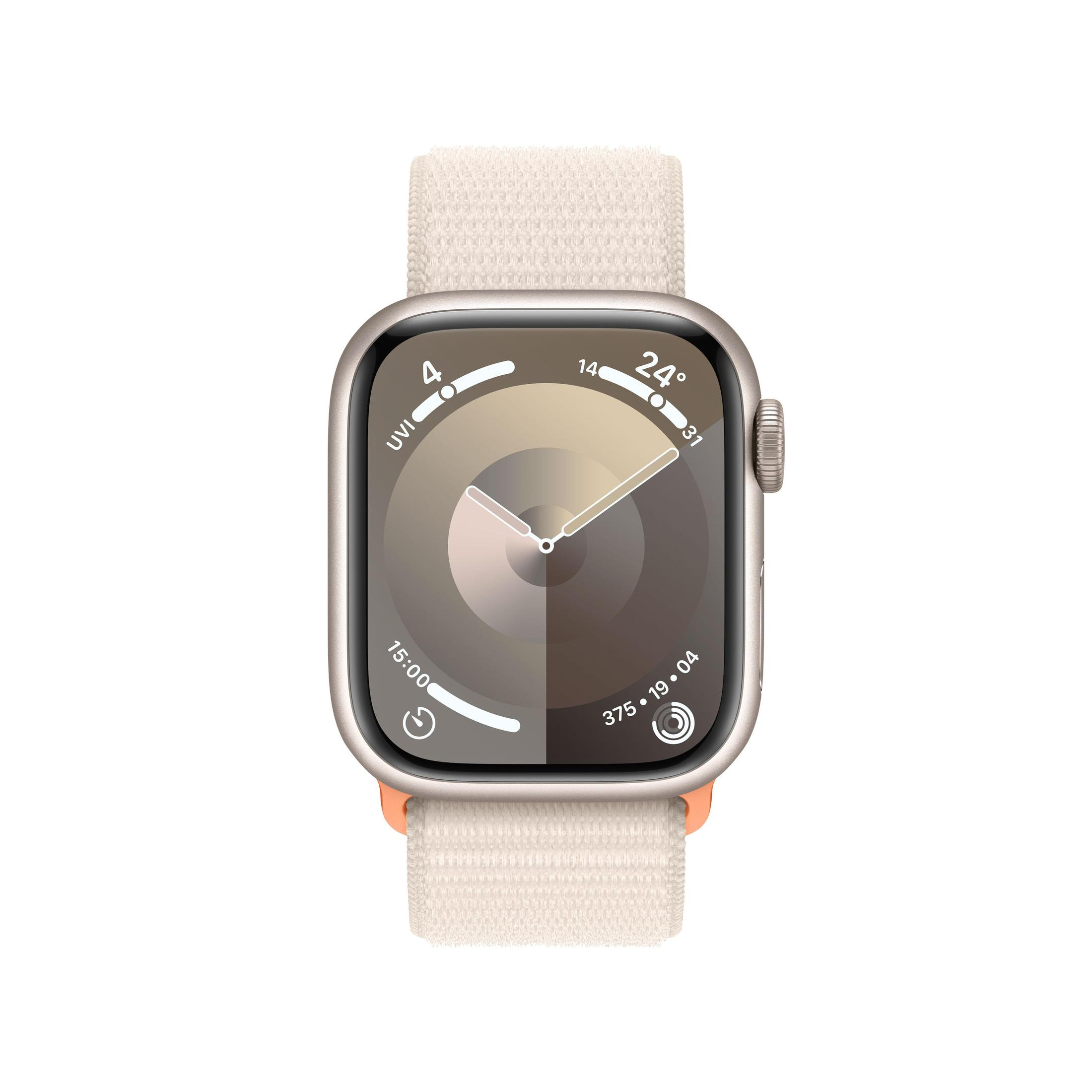Silberne Smartwatch mit beigem Stoffband, zeigt Zeit- und Kalenderdetails.