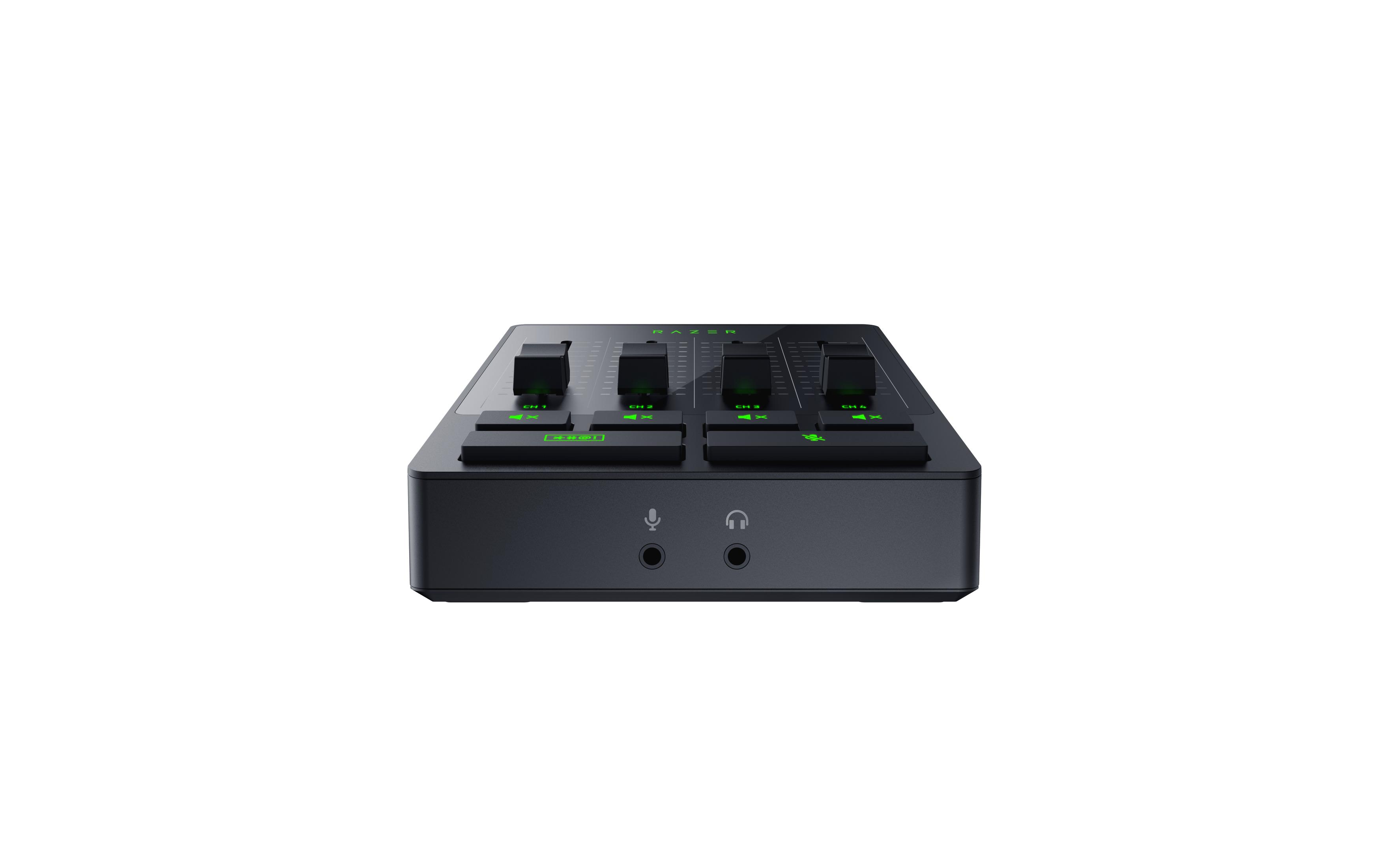 Ein schwarzer Razer Audiomixer mit Schiebereglern und Ein-/Ausgangsbuchsen auf weißem Hintergrund.