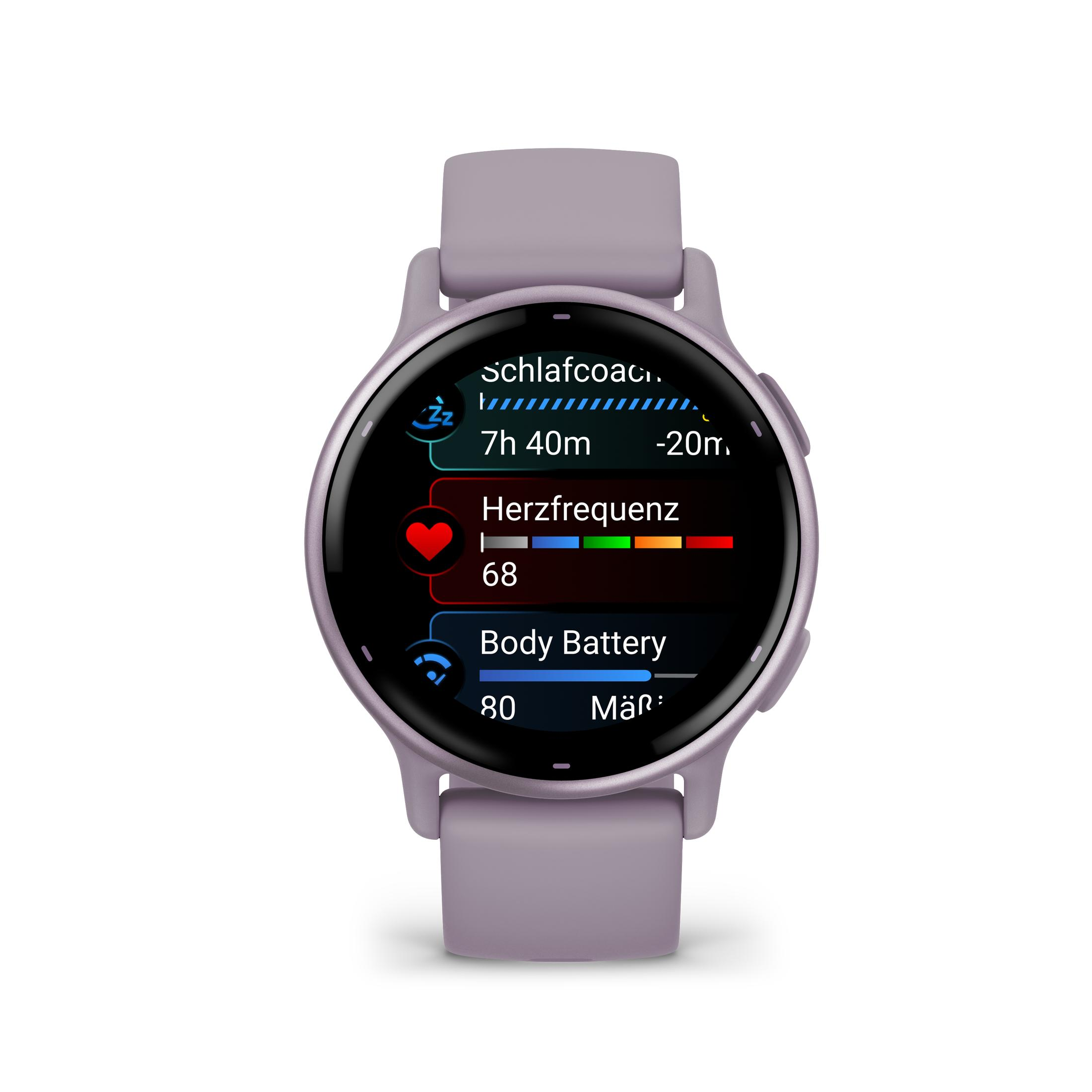 Een lila smartwatch met slaap-, hartslag- en batterijgegevens op het scherm.