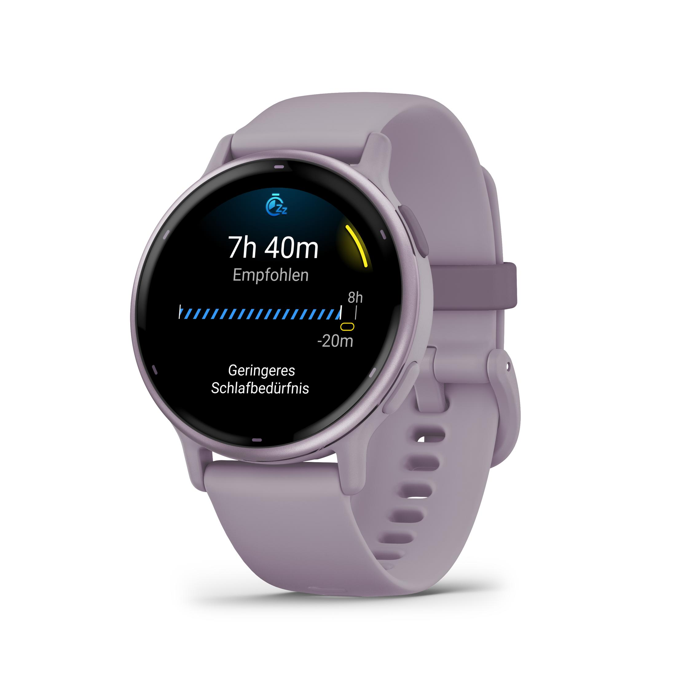 Paarse smartwatch die slaapgegevens weergeeft. De wijzerplaat toont de aanbevolen slaaptijd en een grafiek.