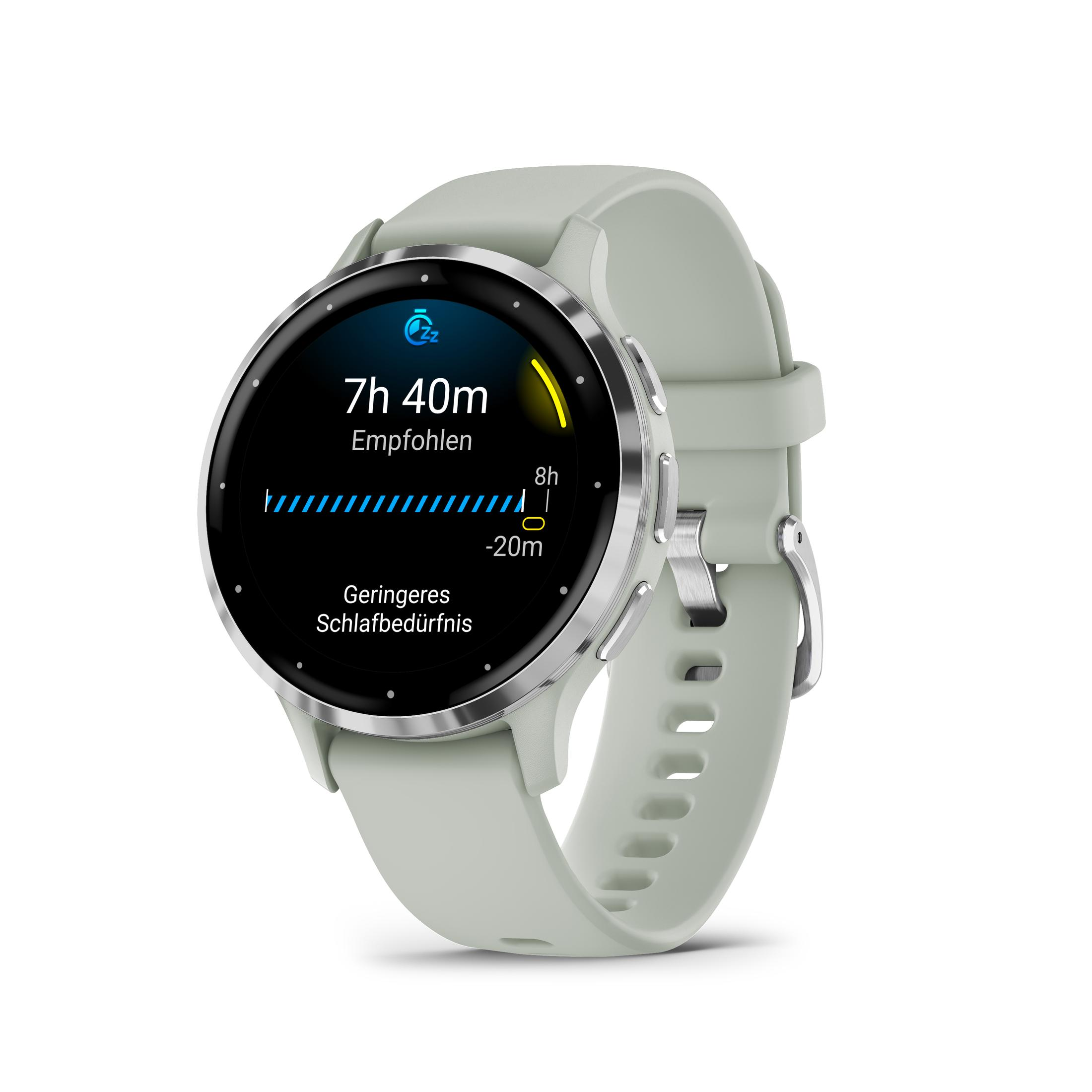 Un reloj inteligente que muestra datos de sueño. La pantalla es redonda con una correa verde claro.