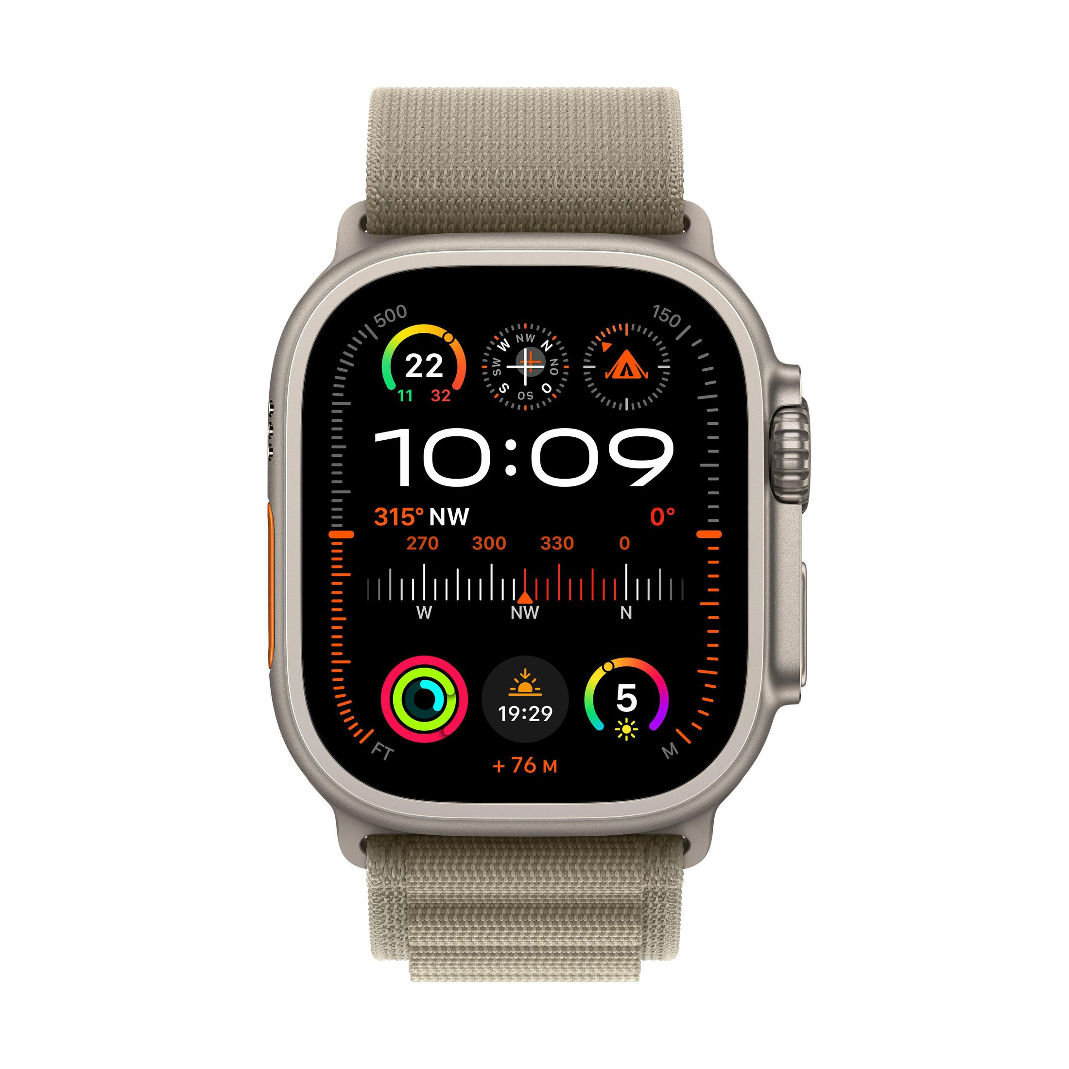 Apple Watch Ultra mit einem beigefarbenen Armband auf weißem Hintergrund.