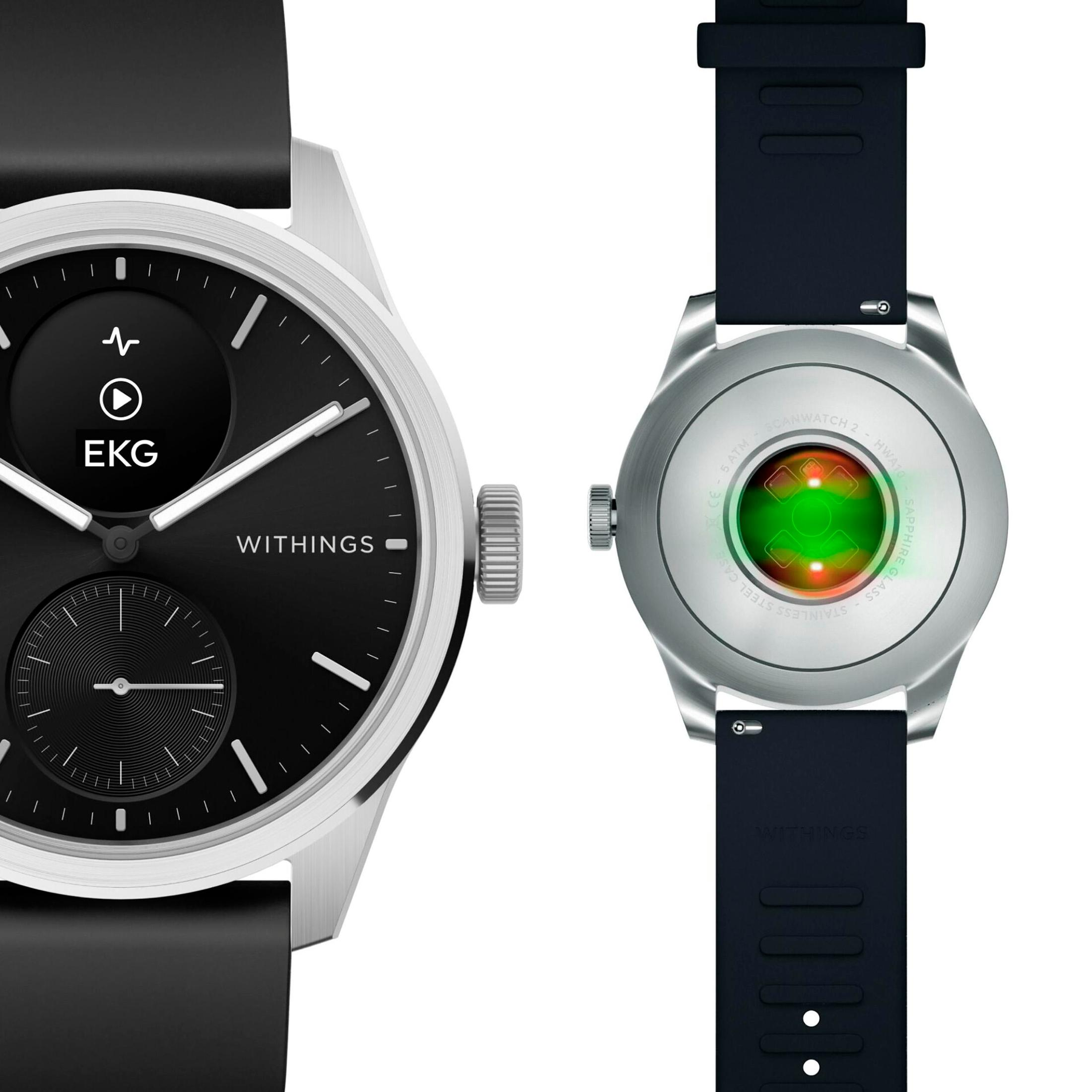 Schwarz-silberne Smartwatch. Zeigt Herzfrequenzdaten und eine EKG-Messung an.