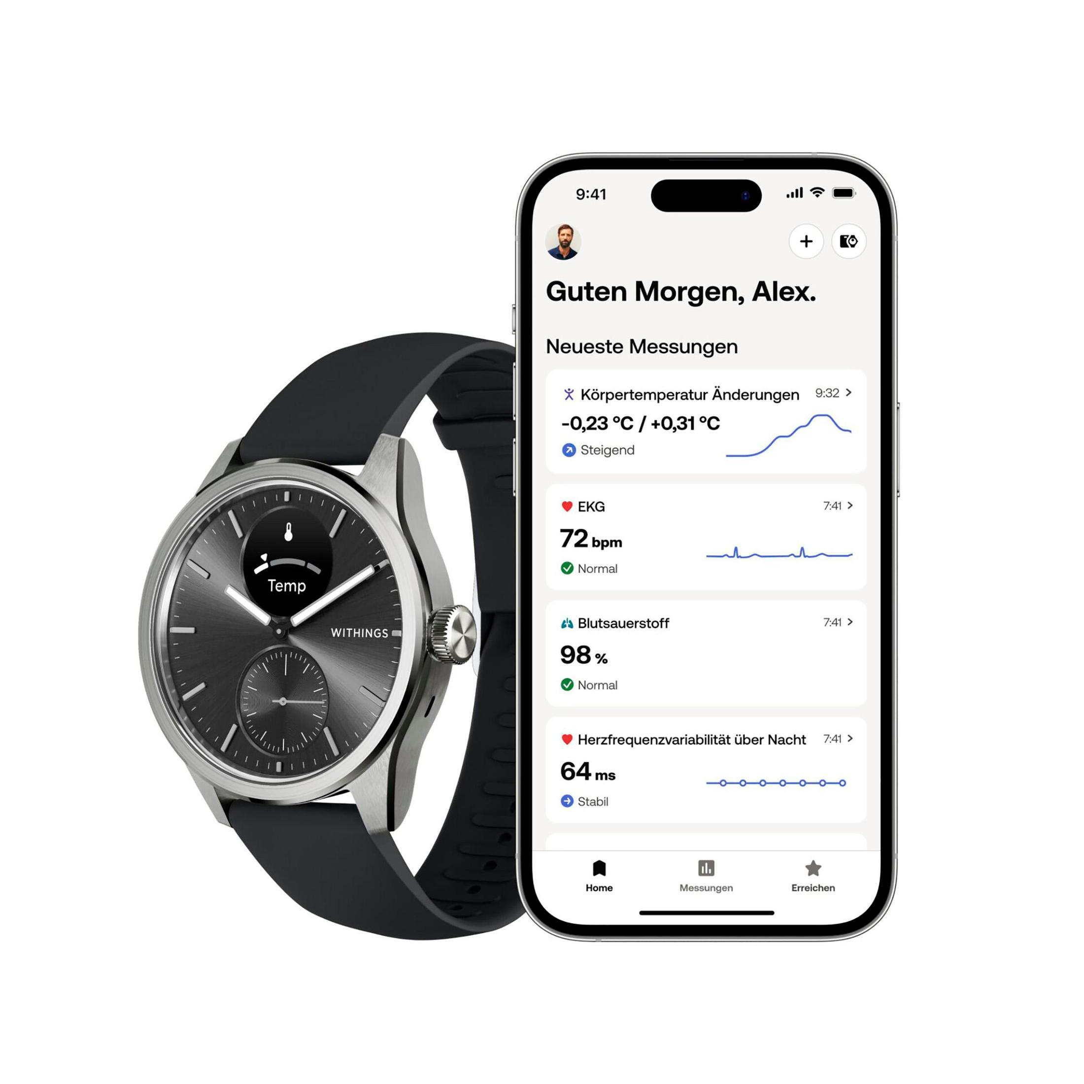 Smartwatch und Smartphone zeigen Gesundheitsmetriken wie Herzfrequenz und Sauerstoff.