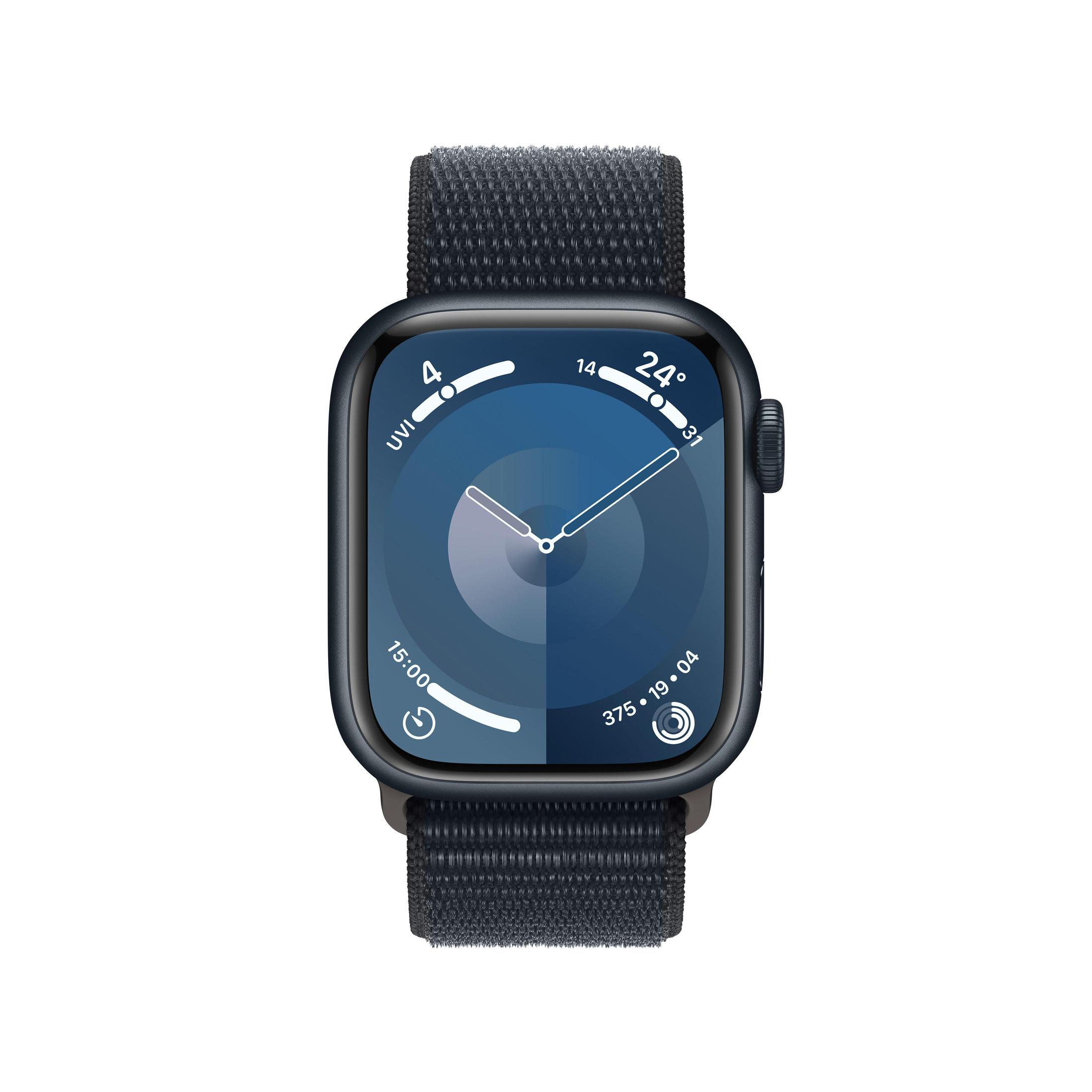 Eine schwarze Smartwatch mit rechteckigem Zifferblatt und dunkelblauem Stoffarmband.