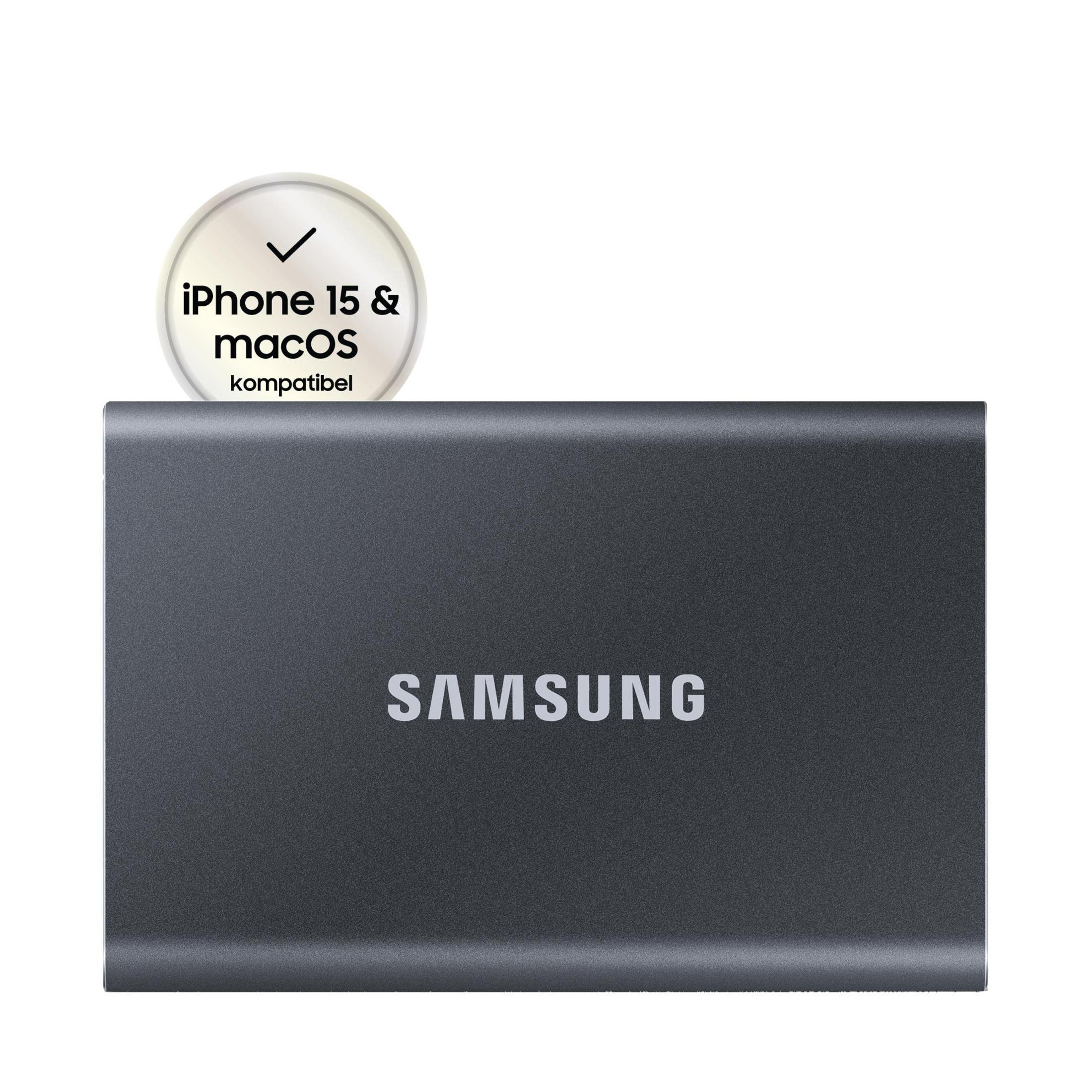 Eine dunkelgraue tragbare SSD mit dem Wort SAMSUNG und einem Kompatibilitätslogo.
