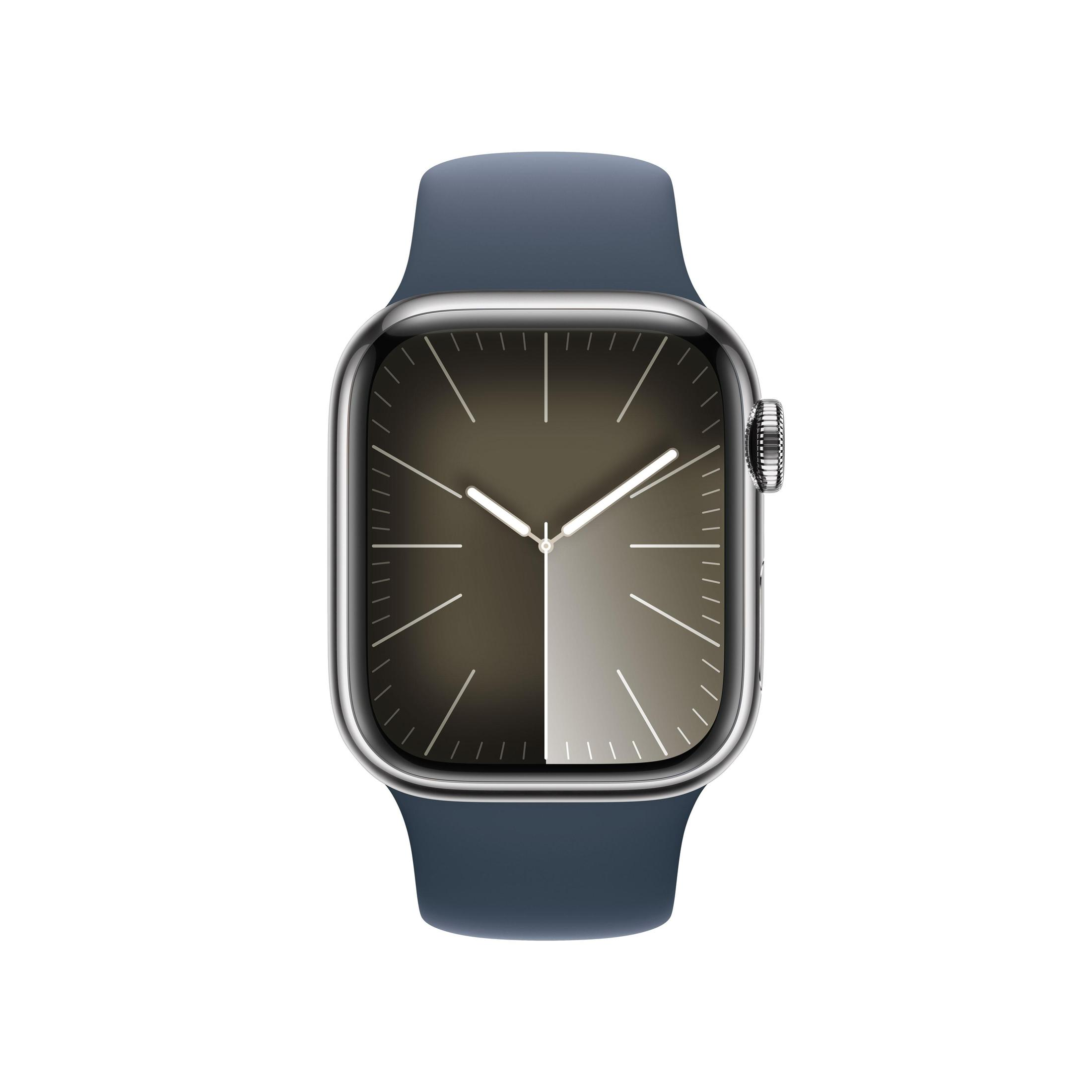 Apple Watch mit blauem Armband. Das Zifferblatt ist dunkelgrau mit silbernen Details.