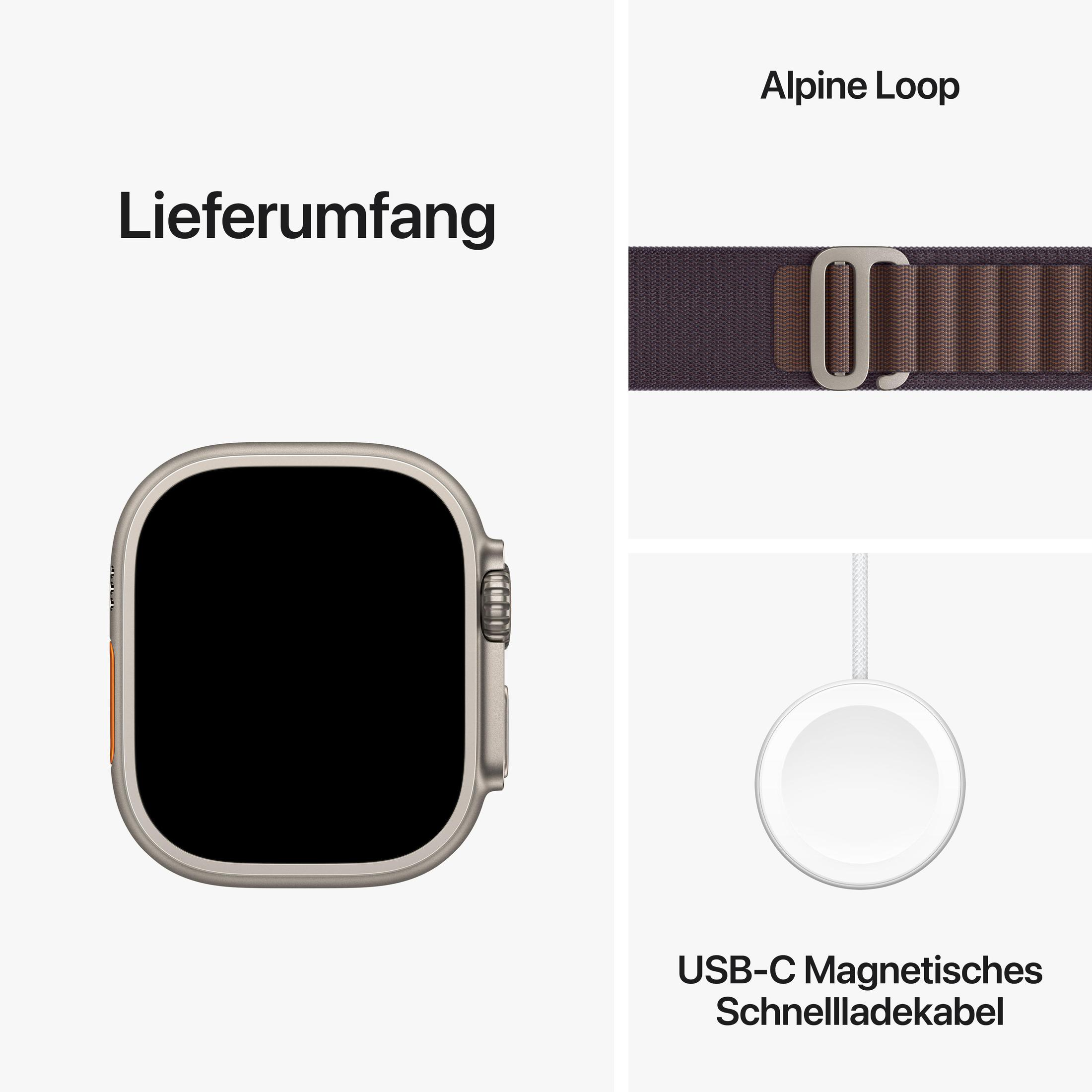 Nahaufnahme einer Apple Watch, Ladegerät und Armband auf weißem Hintergrund. Enthält 'Alpine Loop'.