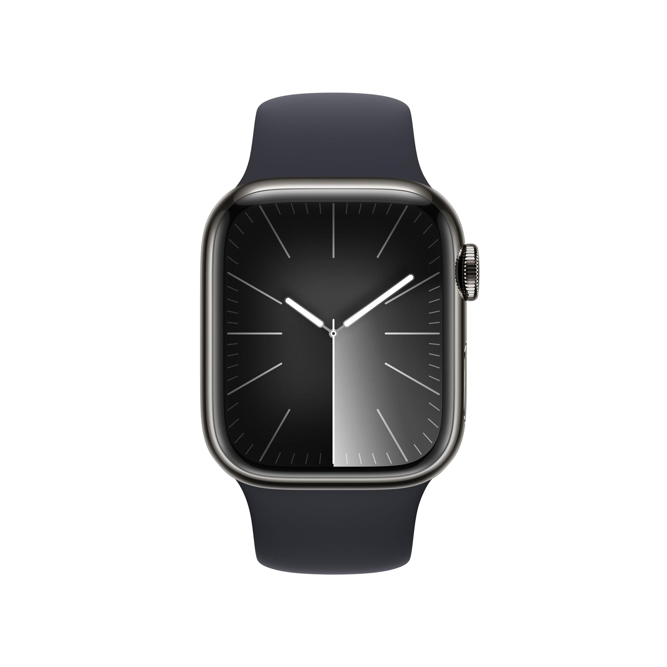 Eine schwarze Apple Watch mit dunklem Armband, mit einem schwarz-weißen Zifferblatt.