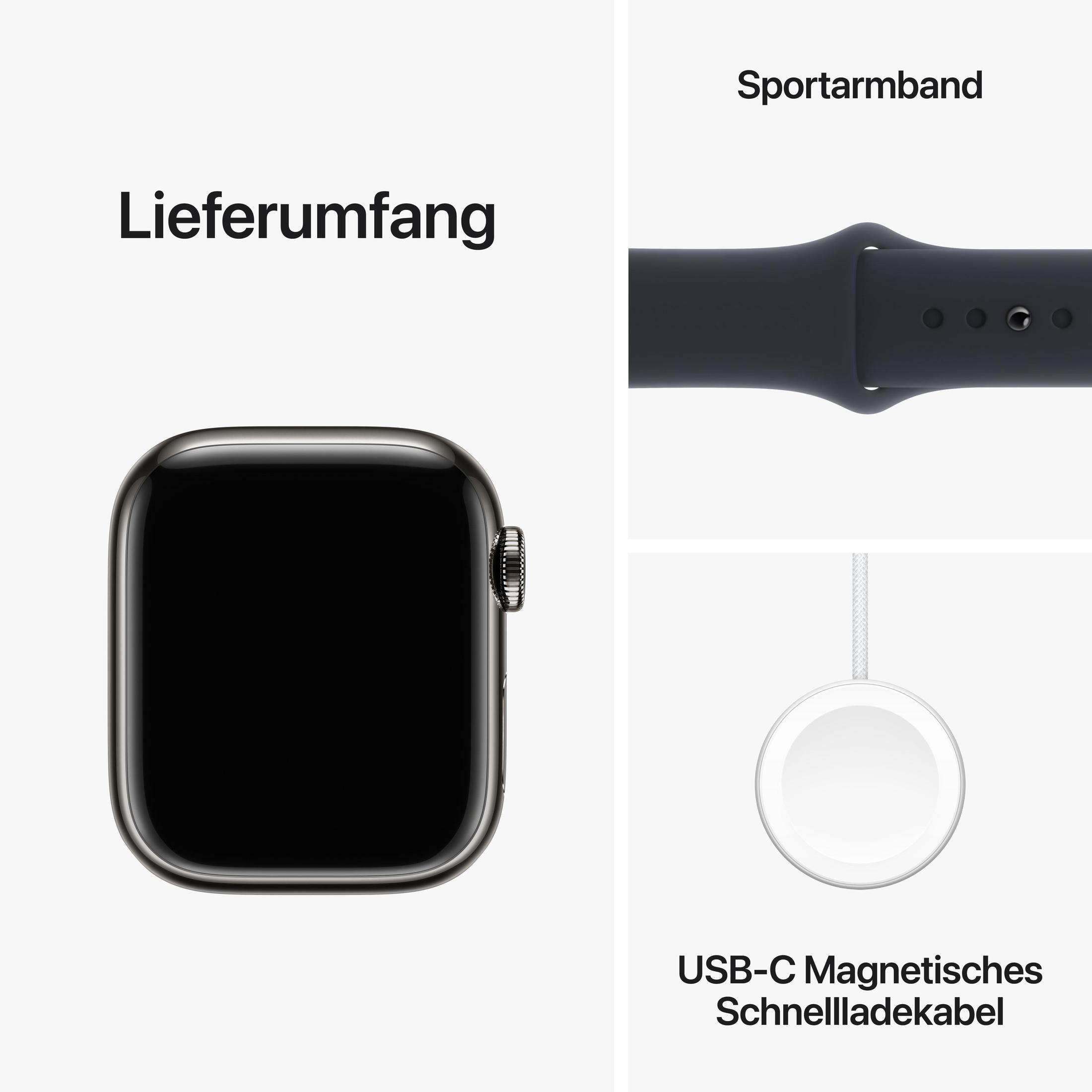 Eine schwarze Smartwatch mit Sportarmband und einem magnetischen USB-C-Schnellladekabel.