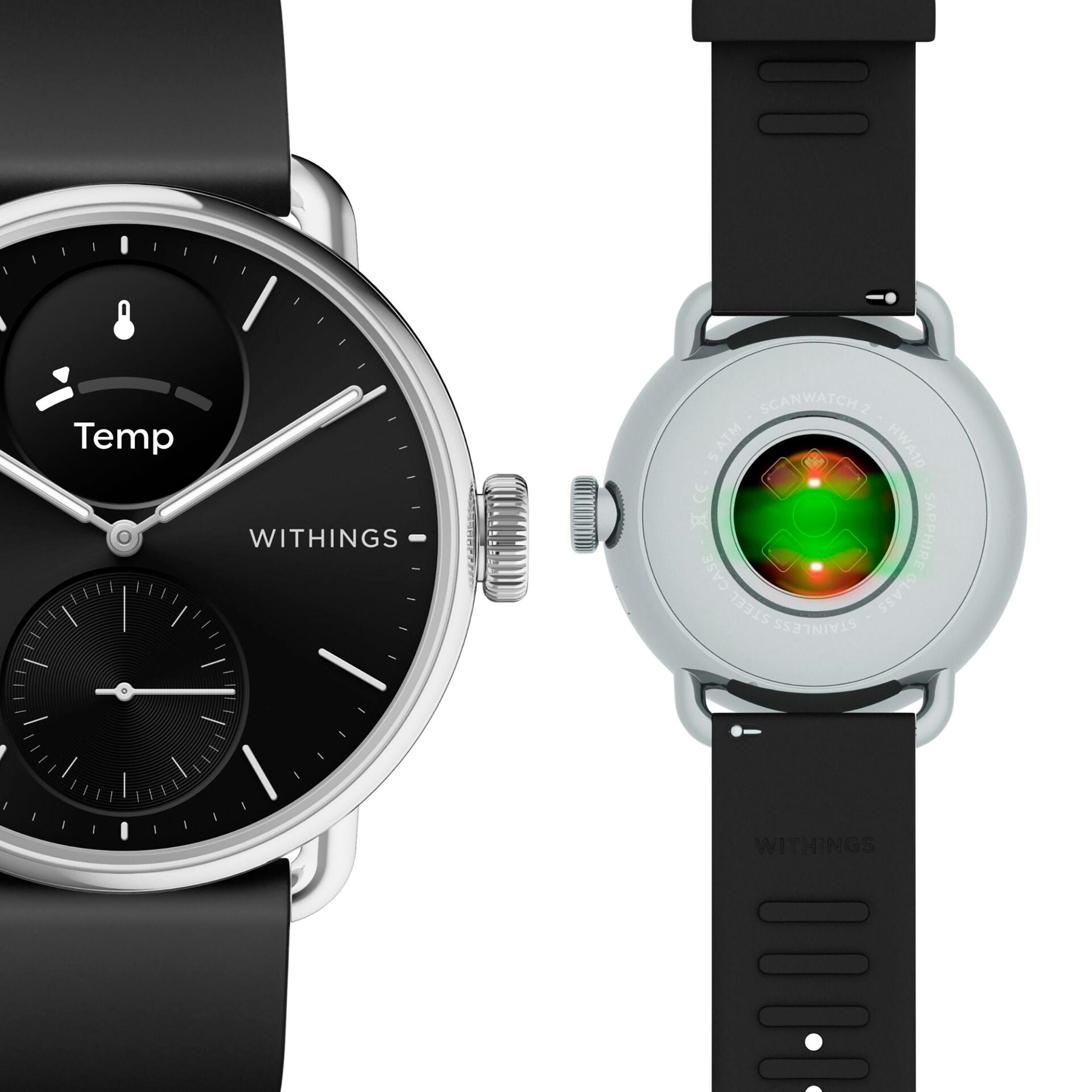 Eine Withings Smartwatch, die das Zifferblatt mit Temperaturanzeige und die Rückseite zeigt.