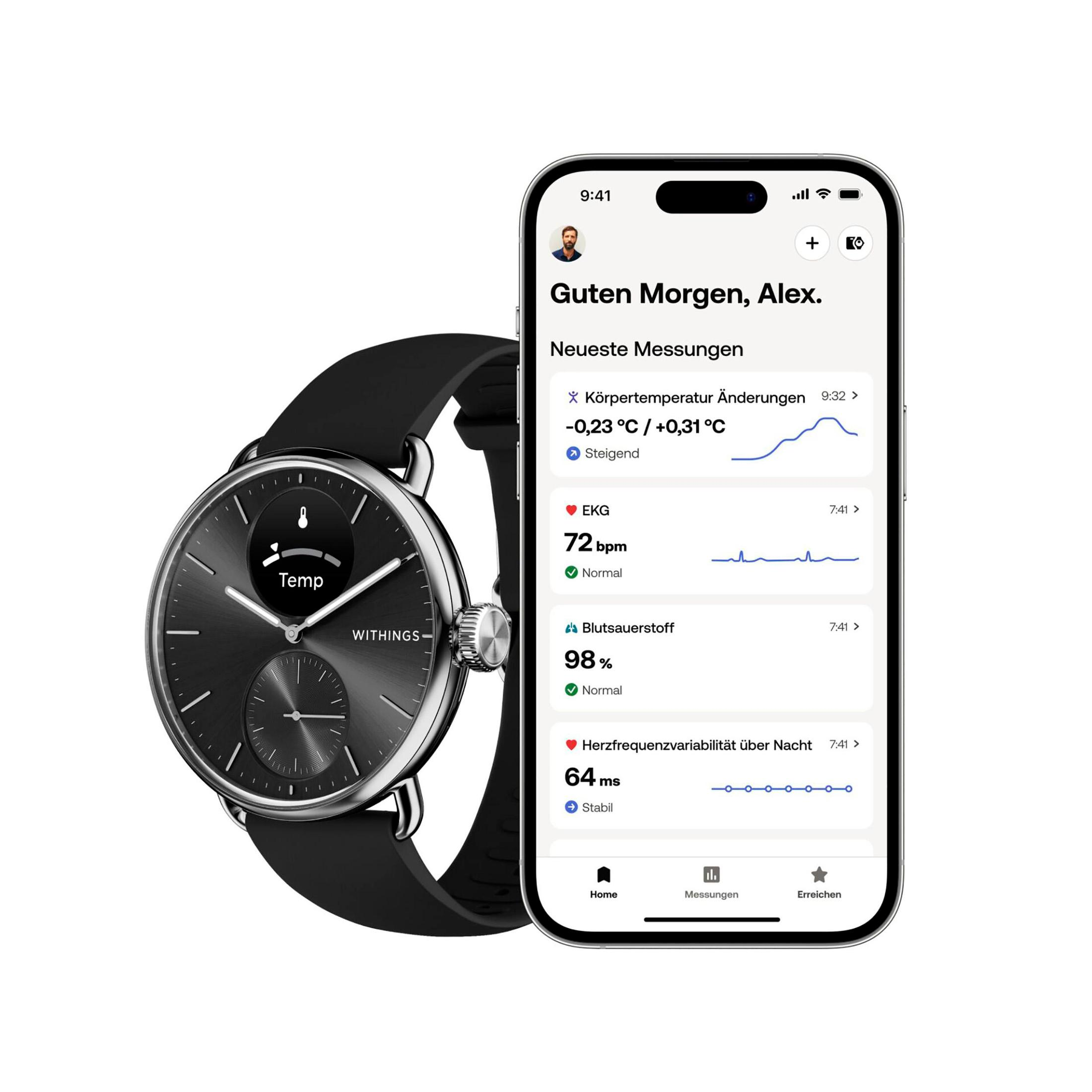 Smartwatch und Telefon, das Gesundheitsdaten anzeigt. Bildschirm zeigt Herzfrequenz etc.