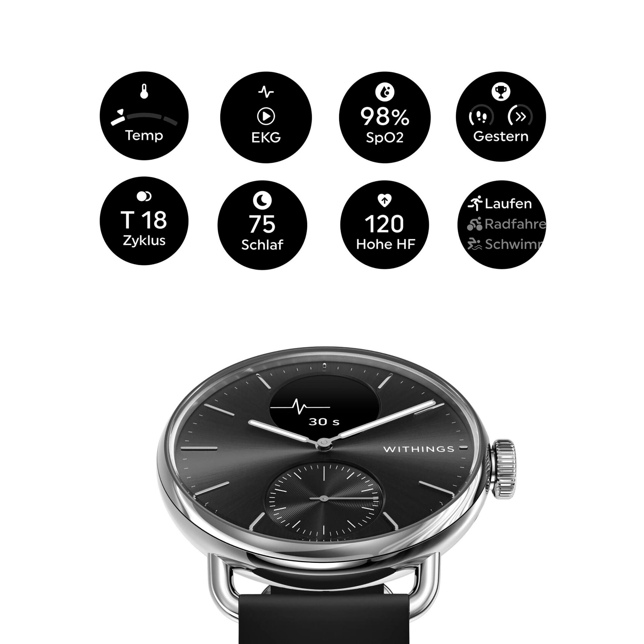 Eine Smartwatch mit schwarzem Bildschirm, der Gesundheitsmetriken anzeigt, umgeben von Symbolen.