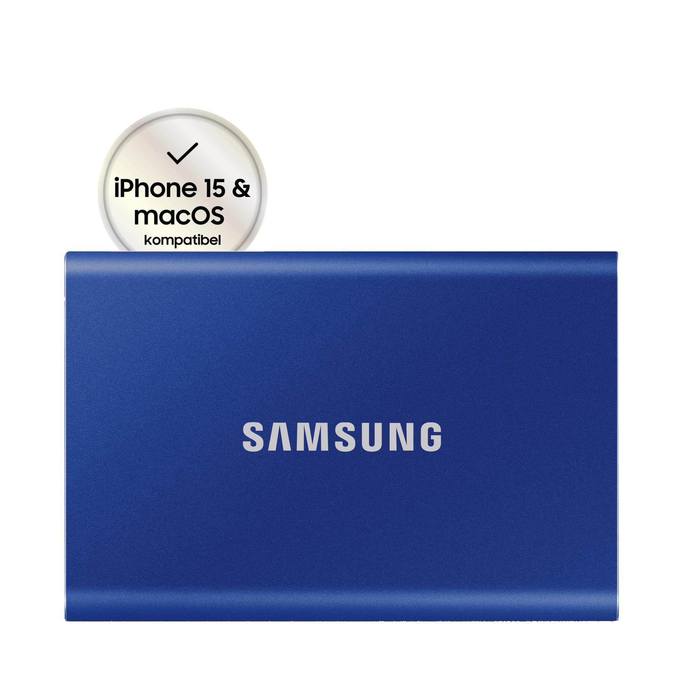 Eine blaue, rechteckige Samsung externe Festplatte. Das Samsung-Logo ist sichtbar.