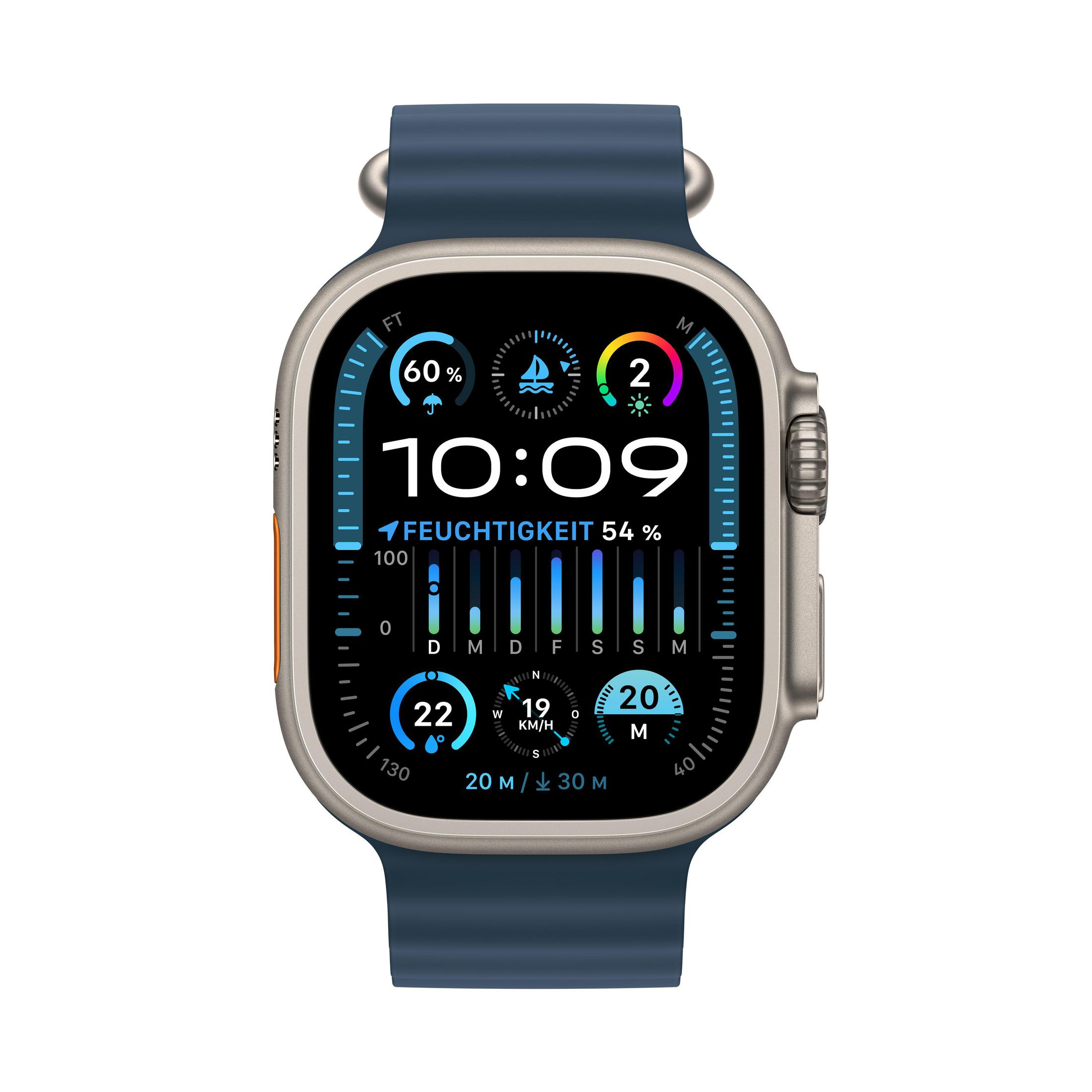 Eine Smartwatch mit blauem Armband, die Zeit, Wetter und Gesundheitsmetriken anzeigt.