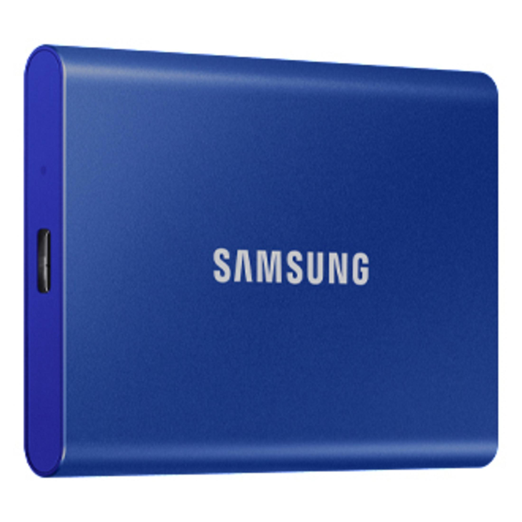 Blaue Samsung externe Festplatte. Das Samsung-Logo ist weiß.