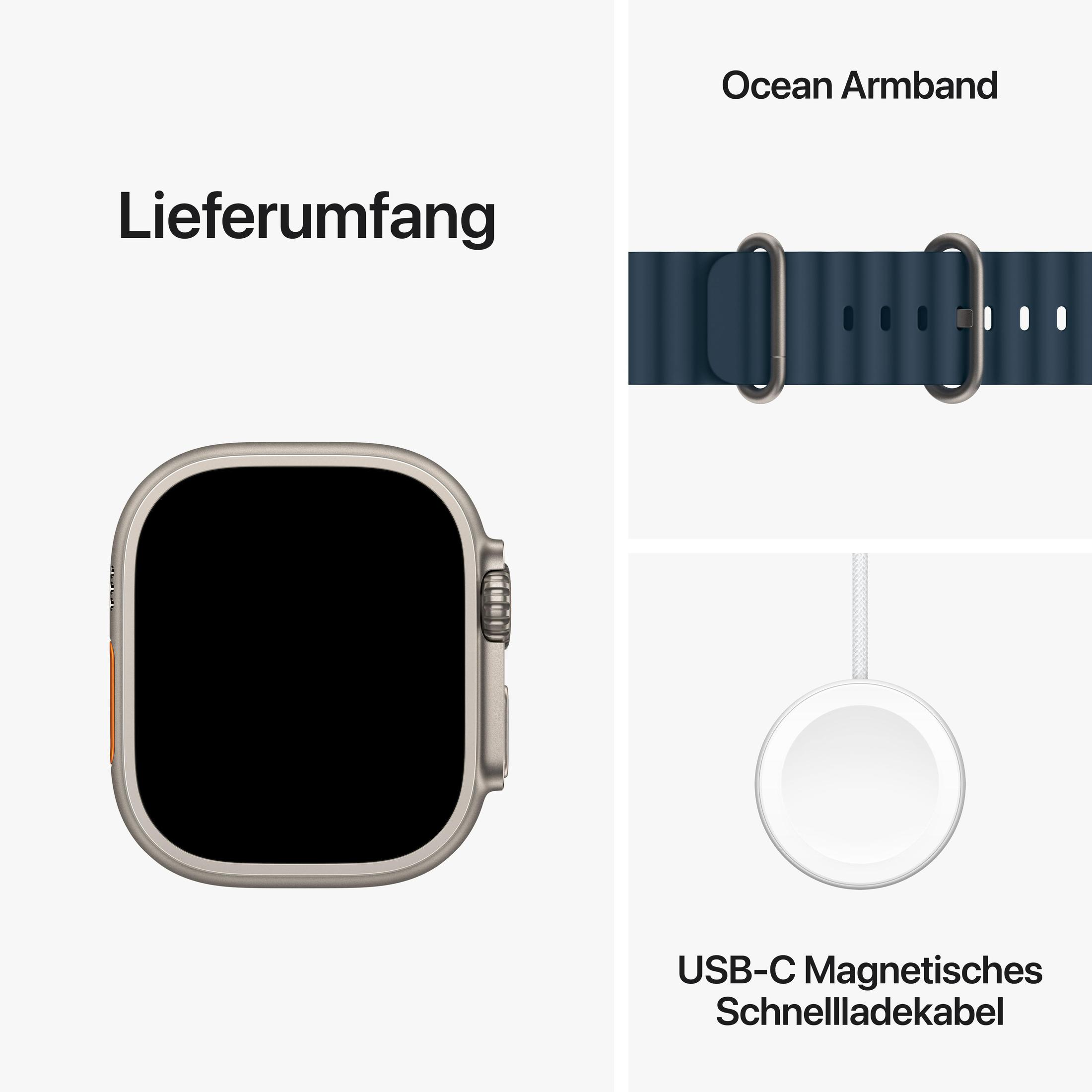Eine Smartwatch, ein Armband und ein Ladekabel werden gezeigt.