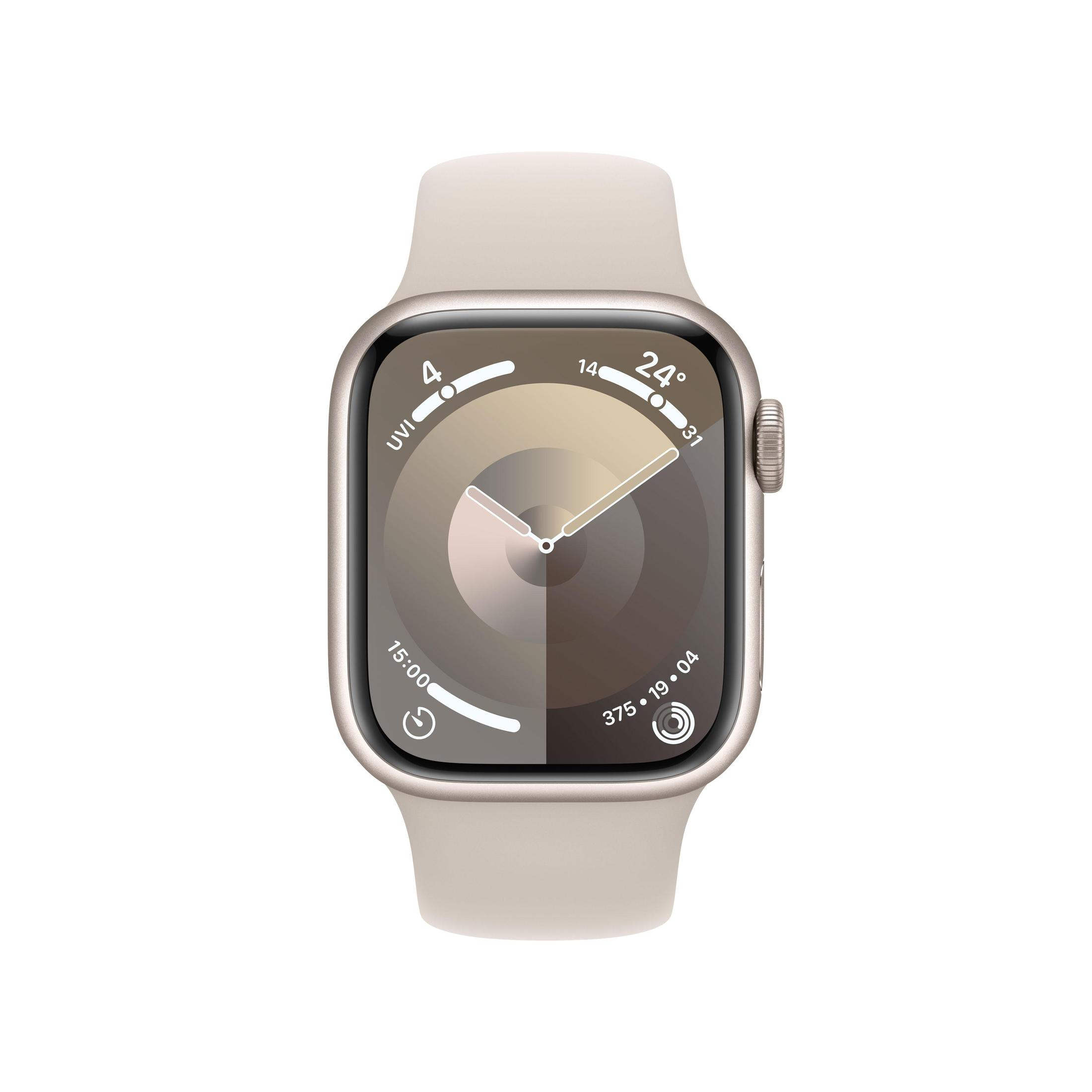 Eine goldene Apple Watch mit beigem Armband, die Zeit und Daten anzeigt.