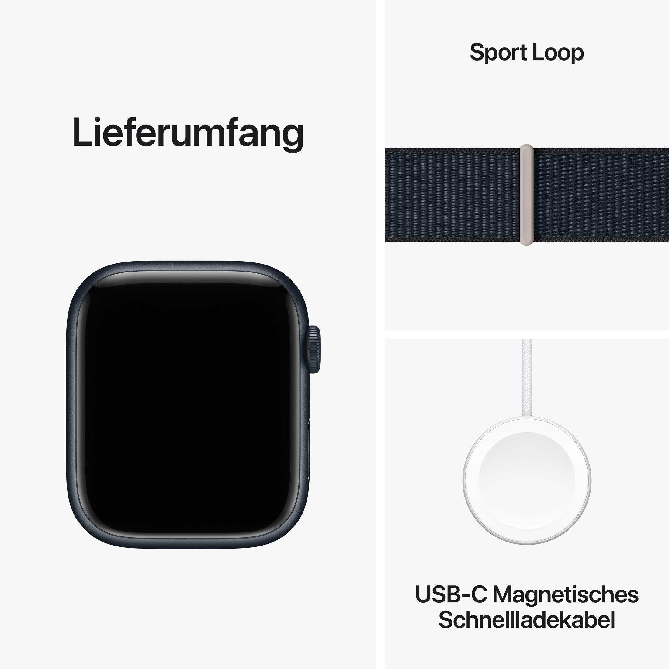 Uno smartwatch nero, un cinturino in tessuto blu scuro e un cavo di ricarica bianco in una scatola.