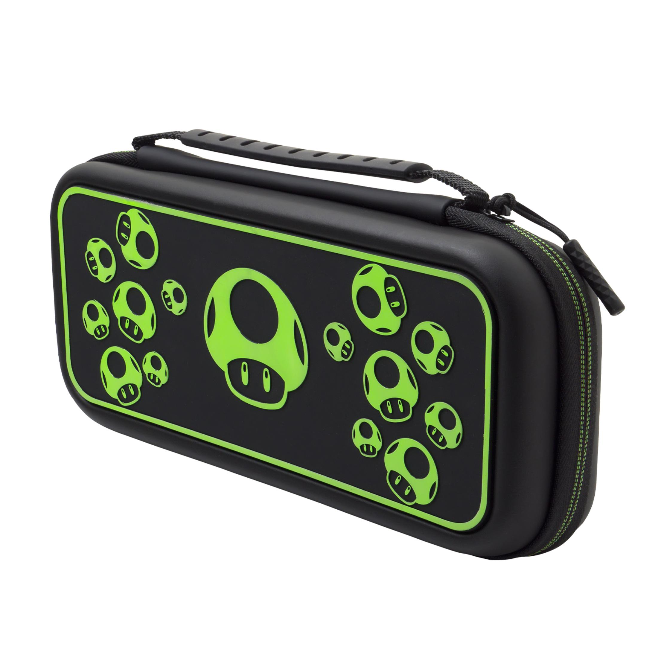 Eine schwarze Switch-Hülle mit grünen Pilzdesigns. Die Hülle hat einen Griff und einen Reißverschluss.