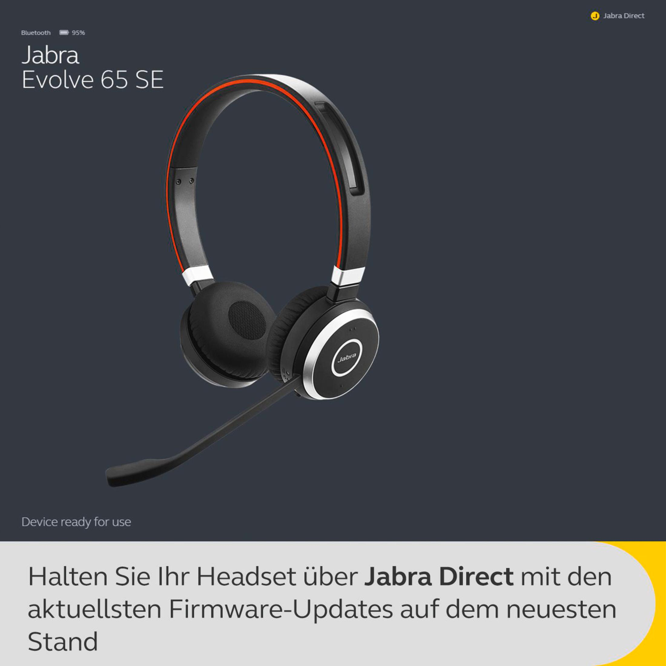 Czarny zestaw słuchawkowy z czerwonymi akcentami. Jabra Evolve 65 SE na szarym tle.