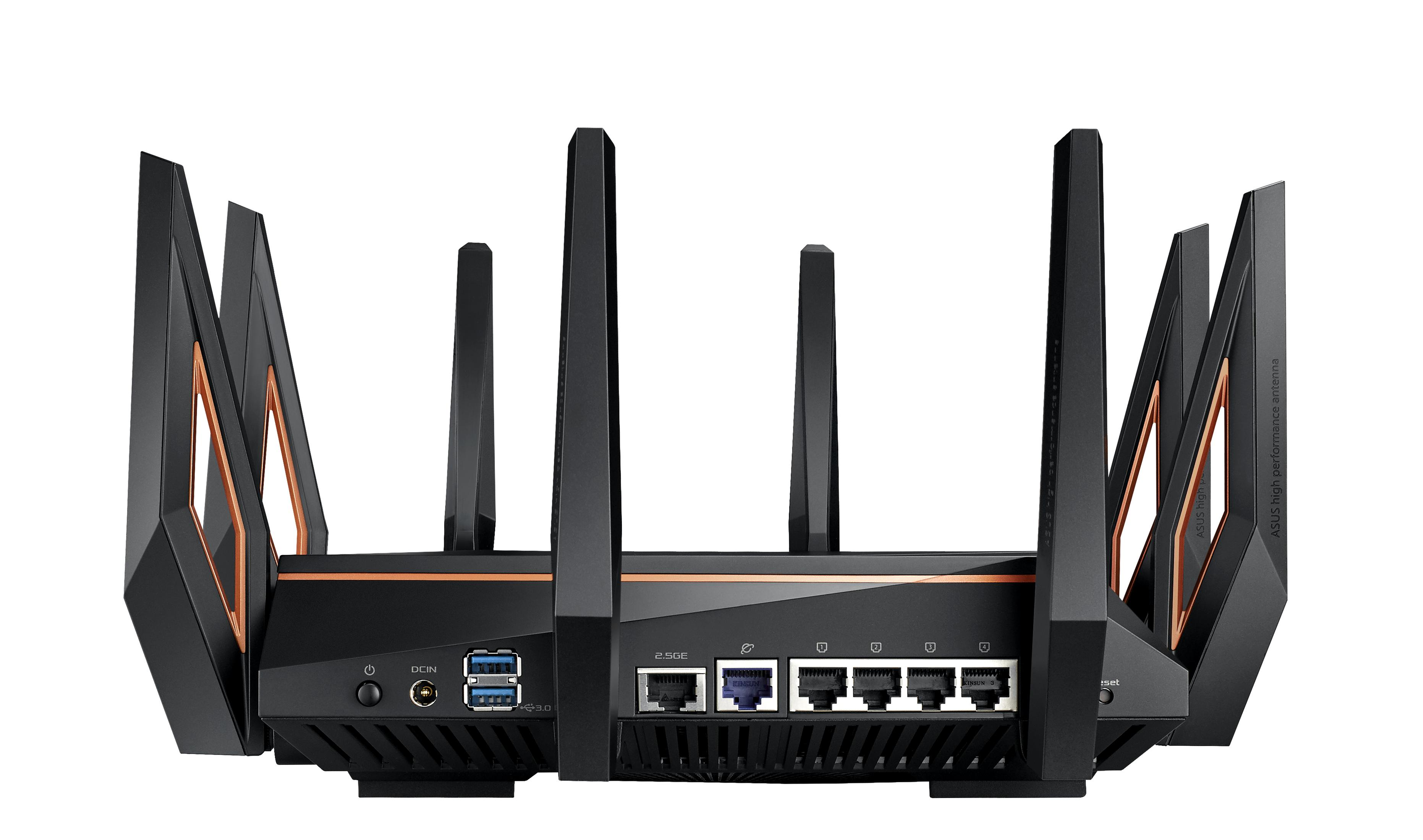 Vista posteriore di un router Wi-Fi ASUS nero con antenne multiple e varie porte.