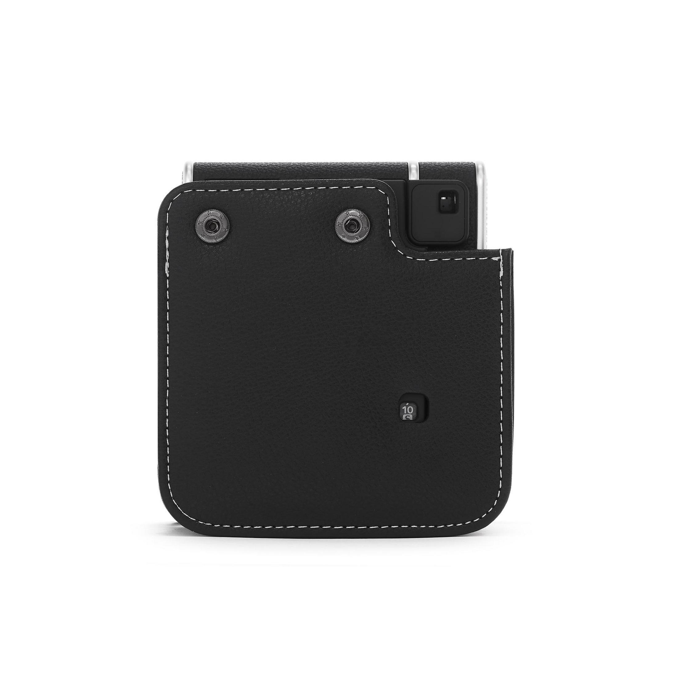 Black leather case for a camera, stitched edges, two silver buttons.