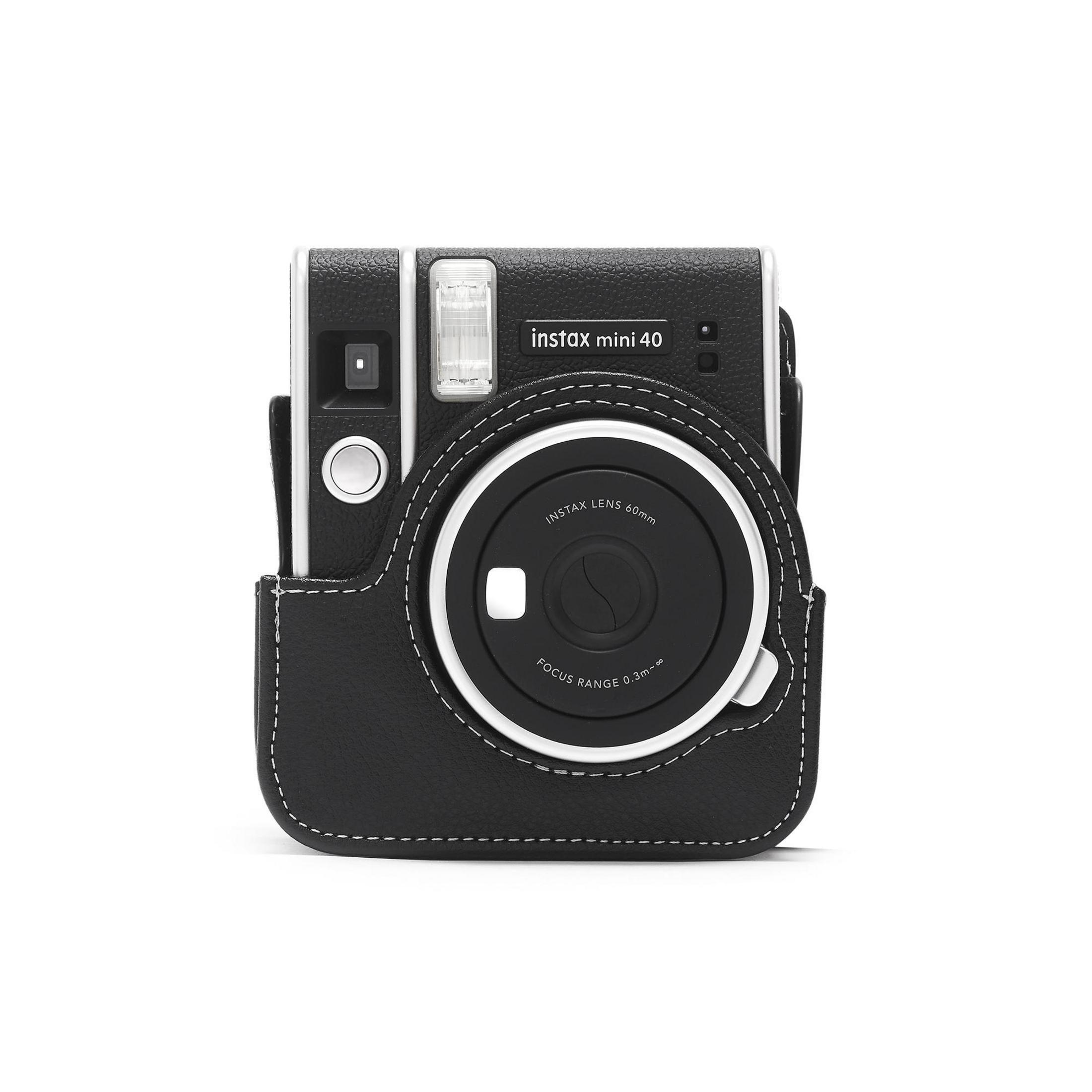 Black Instax Mini 40 camera in a black leather case on white background.