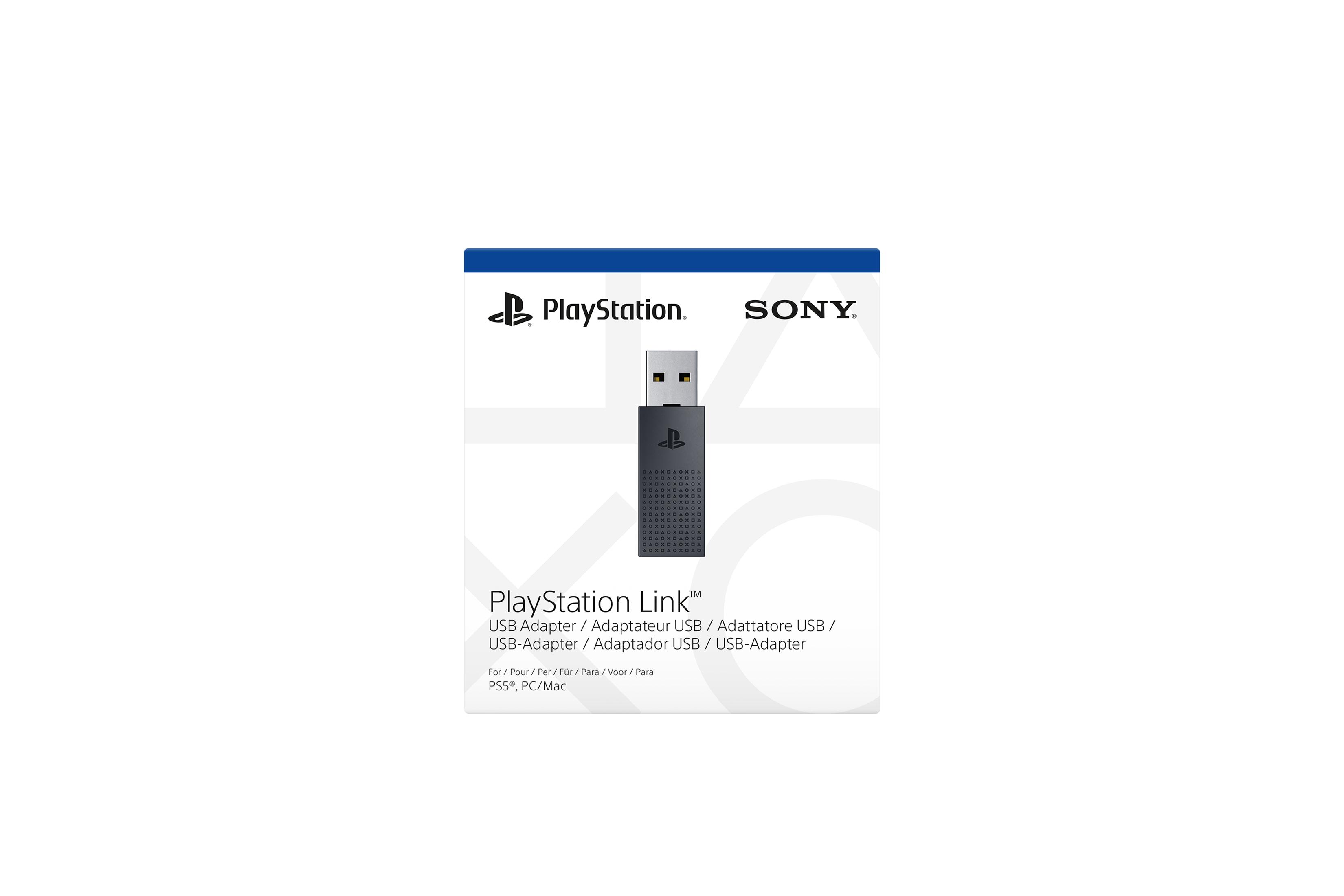 Una scatola bianca con un adattatore USB e il logo PlayStation Link, su sfondo bianco.